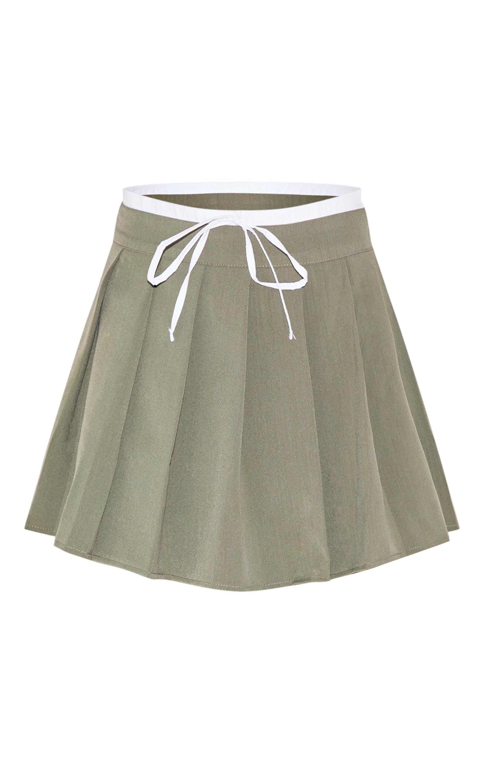  Khaki Drawstring Double Waistband Tailored Pleated Mini Skirt Product Image