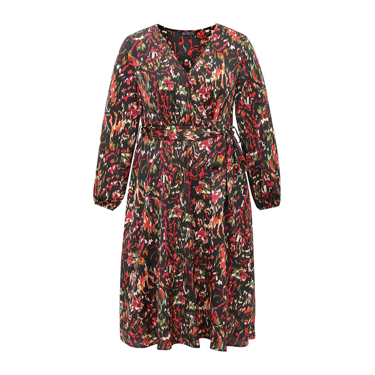 Plus Size Boho Print Wrap Pocket Lantern Sleeve Dress Black Women Elegant Elastic cuffs V-neck Long Sleeve Curvy Midi Dress BloomChic 22-24/3X Product Image