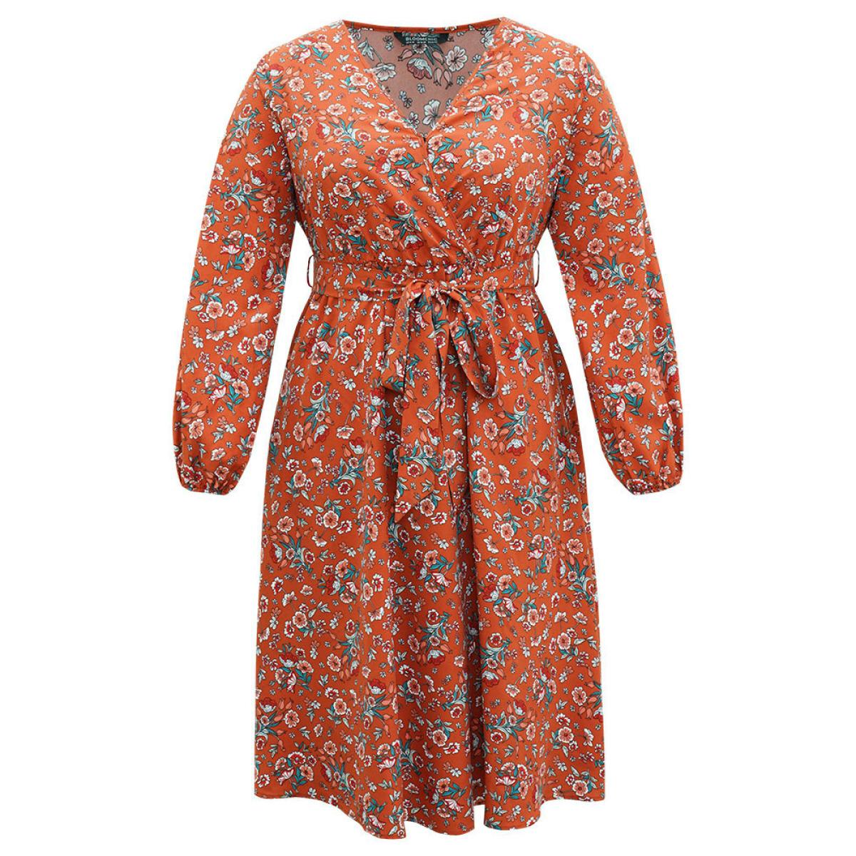 Plus Size Floral Print Belted Elastic Cuffs Dress Rust Women Elegant Elastic cuffs V-neck Long Sleeve Curvy Midi Dress BloomChic 28/5X Product Image