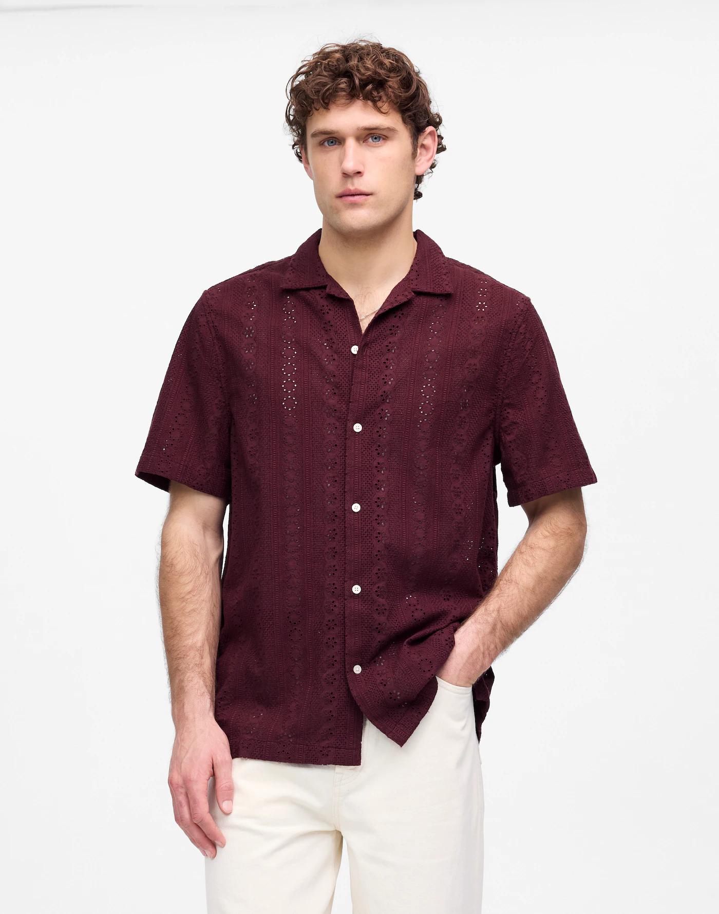 Camp-Collar Short-Sleeve Shirt in Embroidered Cotton Product Image