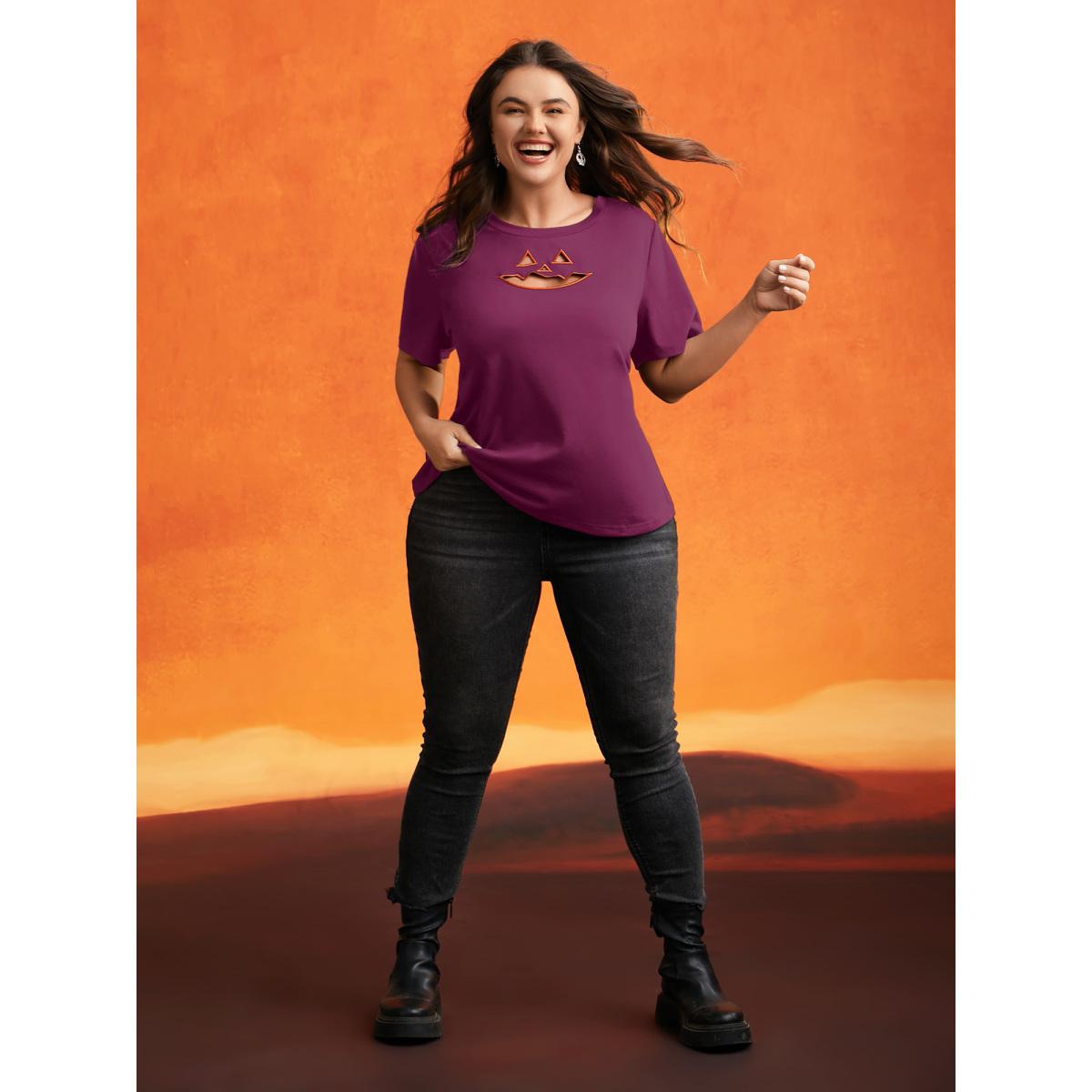 Plus Size Jack-O-Lantern Neck Hollow Embroidered T-shirt RedViolet Women Playful Cut-Out Halloween Round Neck Casual T-shirts BloomChic 14-16/1X Product Image
