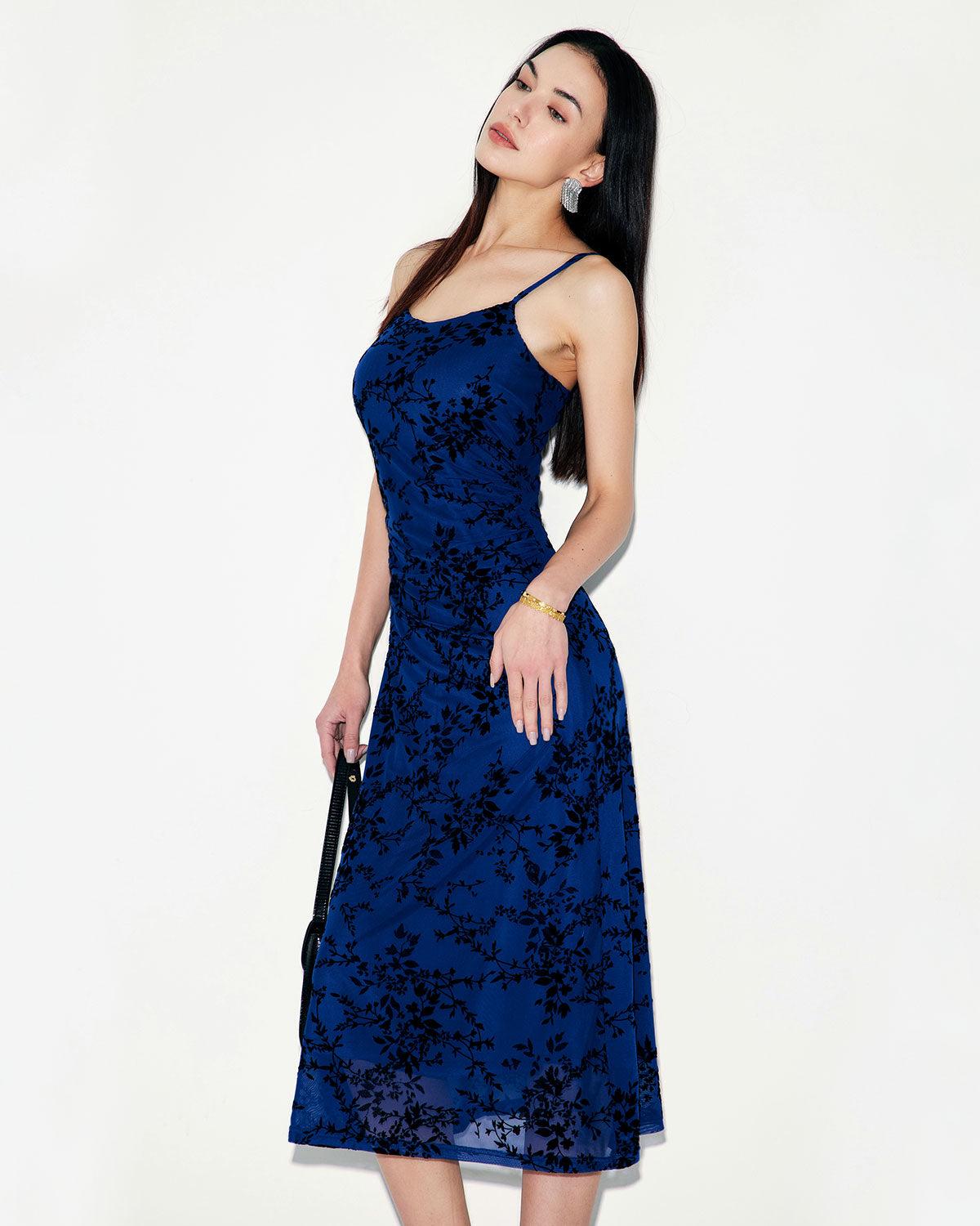 Blue Floral Mesh Slip Midi Dress Product Image