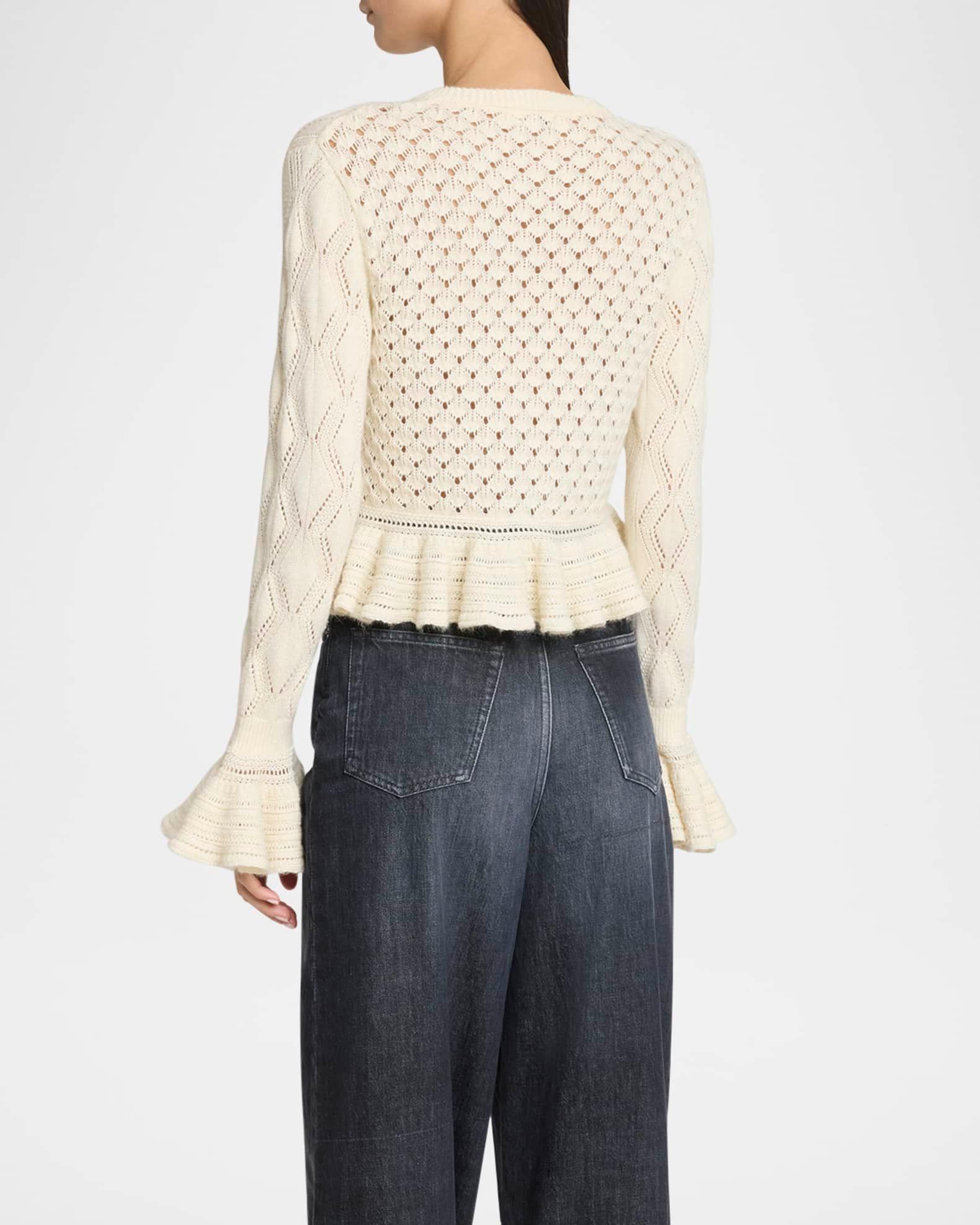 Open-Knit Ruffle Crewneck Cardigan Product Image