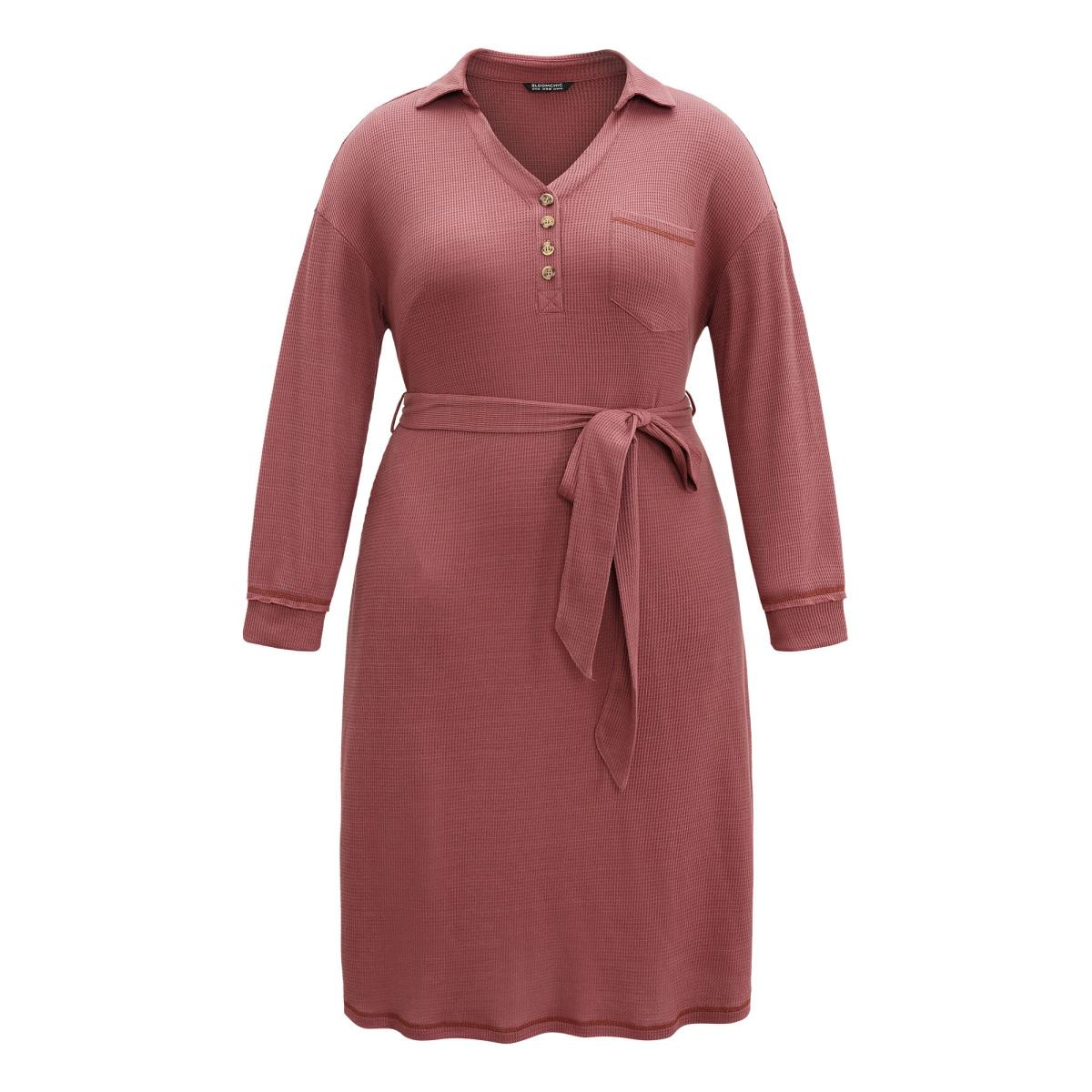 Plus Size Waffle Knit Belted Lapel Collar Pocket Dress Rouge Women Casual Waffle Knit Lapel Collar Long Sleeve Curvy Midi Dress BloomChic 22-24/3X Product Image