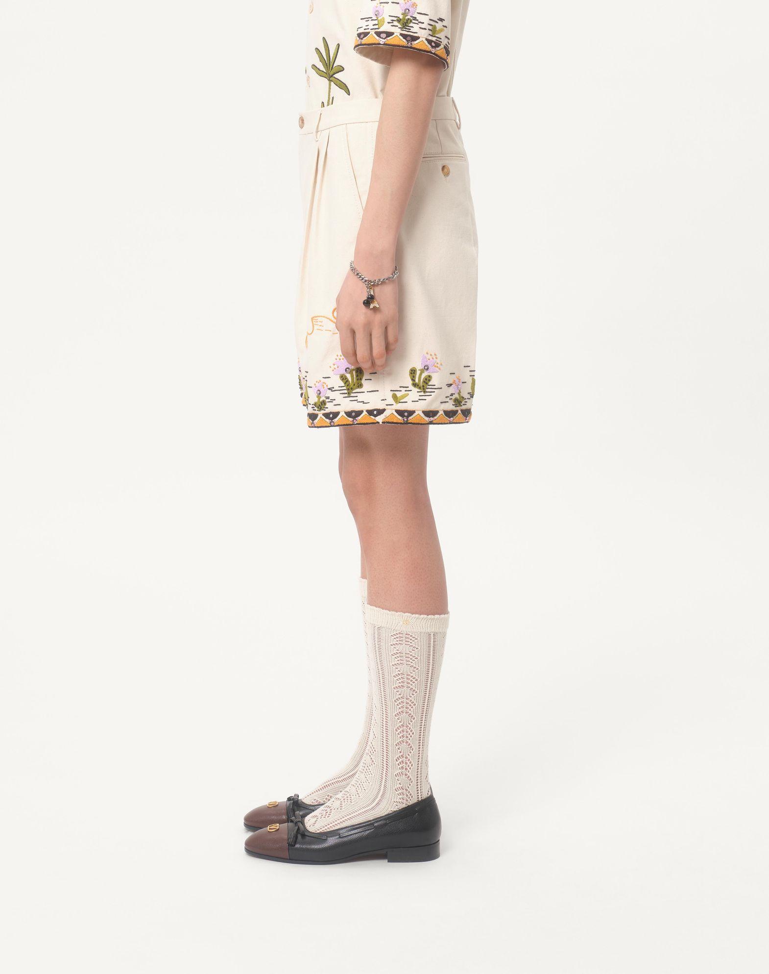 Cotton Canvas Bermuda Shorts With Floral Embroidery And Jacquard Trimmings Product Image