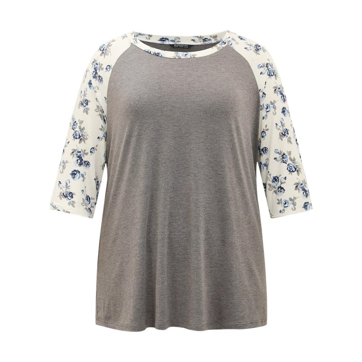 Plus Size Ditsy Floral Patchwork Contrast T-shirt Gray Women Elegant Printed Ditsy Floral Round Neck Dailywear T-shirts BloomChic 10/M Product Image