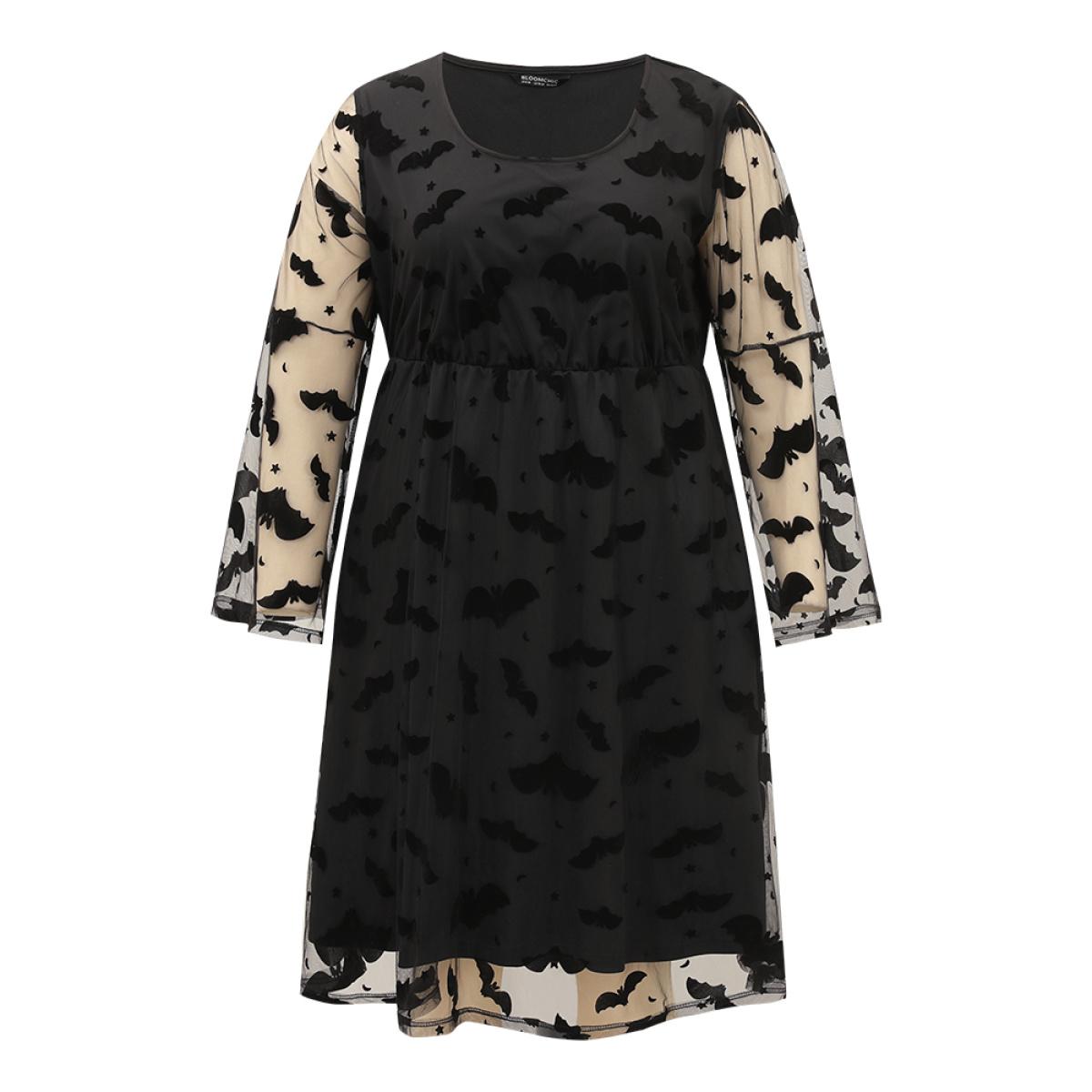 Plus Size Halloween Bat Print Mesh Long Sleeve Dress Black Women Elegant See through Round Neck Long Sleeve Curvy Midi Dress BloomChic 30/6X Product Image