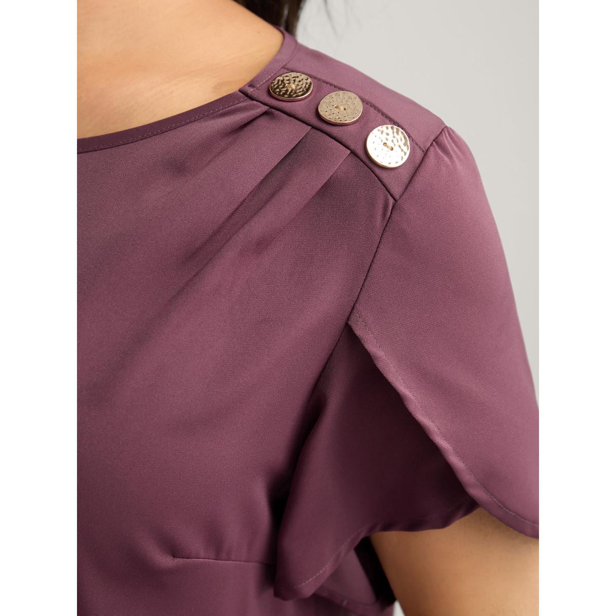 Plus Size Plum Petal Sleeve Shoulder Button Solid Blouse Women Short sleeve Round Neck Work Blouses BloomChic 18-20/2X Product Image