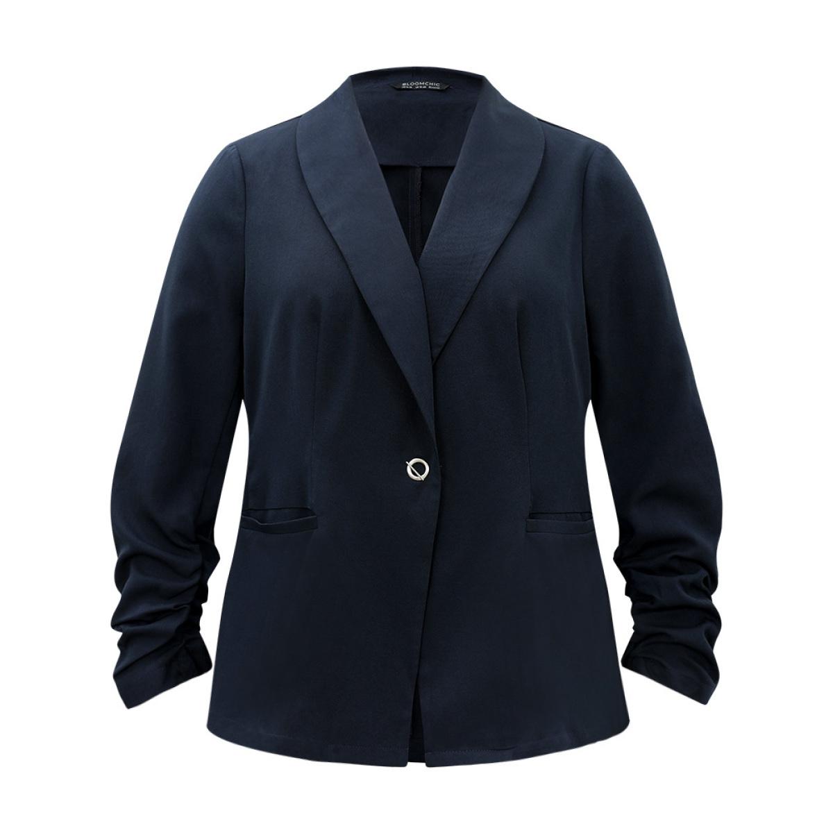 Plus Size Plain Lapel Collar Button Fly Patched Pocket Blazer Midnight Women Dailywear Plain Plain Sleeve Long Sleeve Lapel Collar 28/5X Pocket Casual Blazers BloomChic Product Image