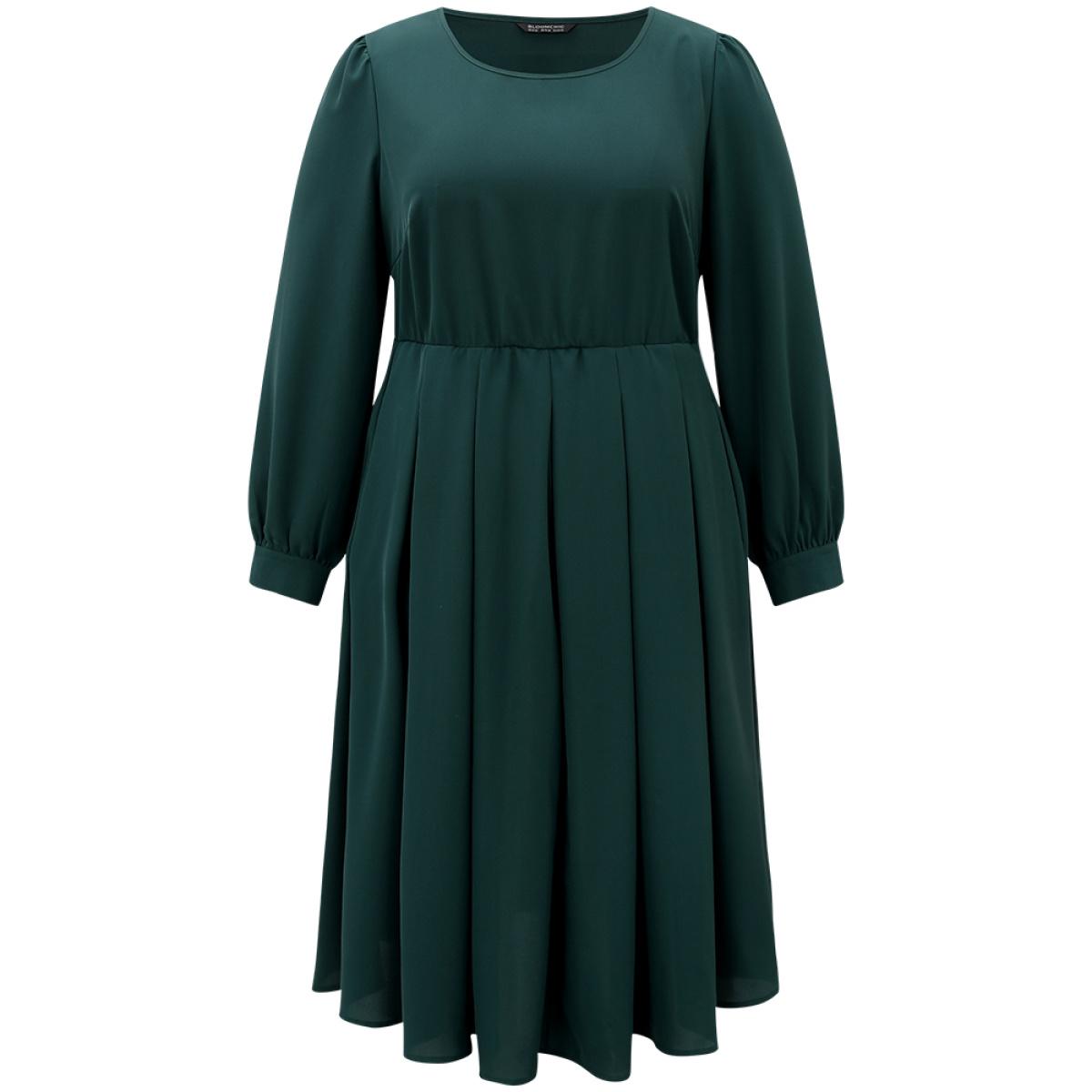 Plus Size Static-Free Plain Pleated Pocket Dress DarkGreen Women Elegant Plain Round Neck Long Sleeve Curvy Midi Dress BloomChic 26/4X Product Image