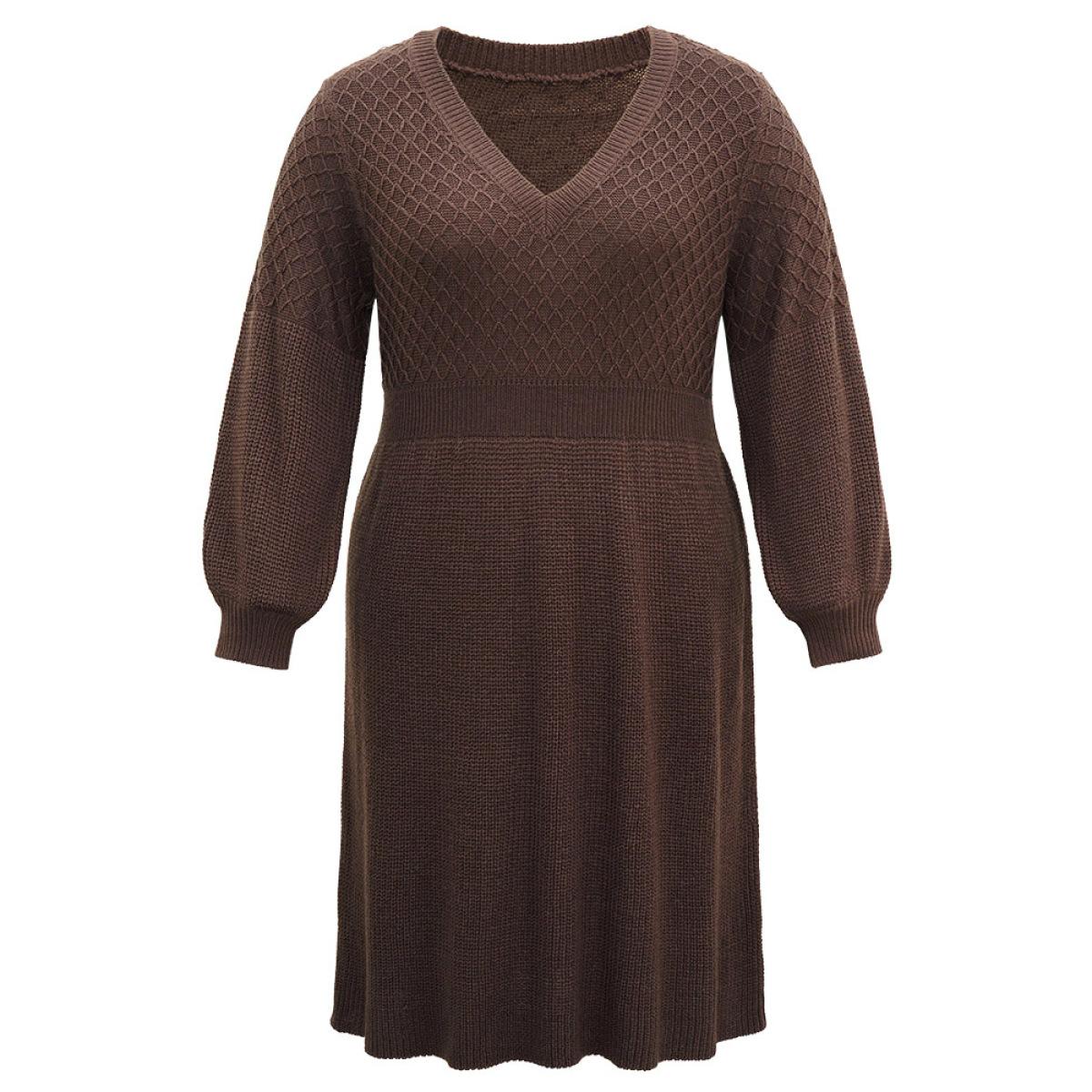 Plus Size A Line Waistline Inside Lantern Sleeve Sweater Dress DarkBrown Women Casual Loose Long Sleeve Dailywear Sweater Dresses BloomChic 30/6X Product Image