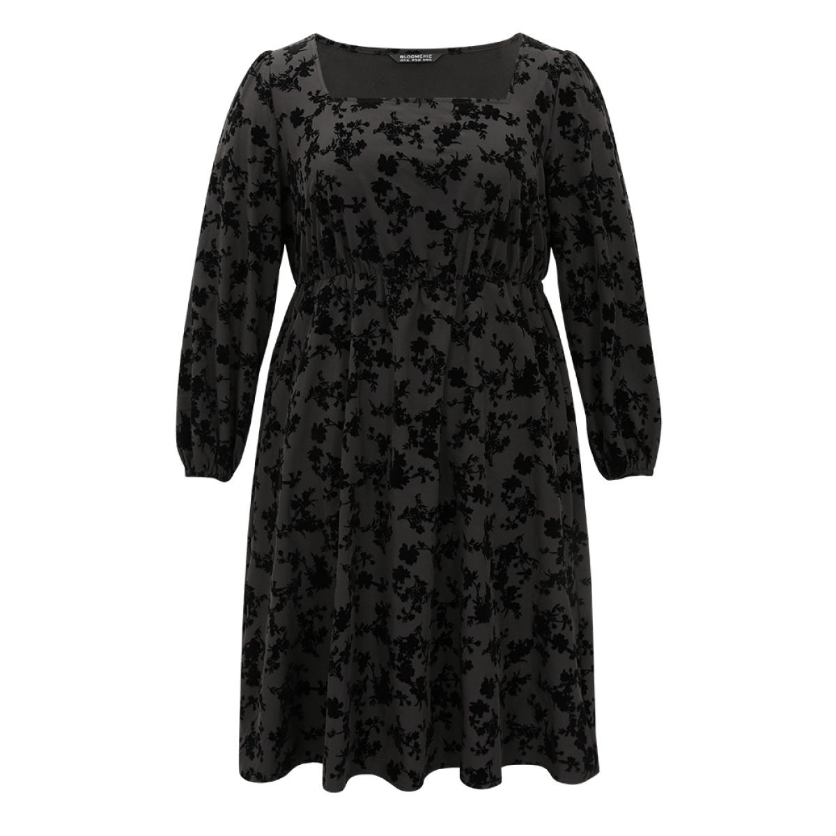 Plus Size Silhouette Floral Print Flocking Square Neck Gathered Dress Black Women Office Elastic cuffs Square Neck Long Sleeve Curvy Midi Dress BloomChic 12/L Product Image