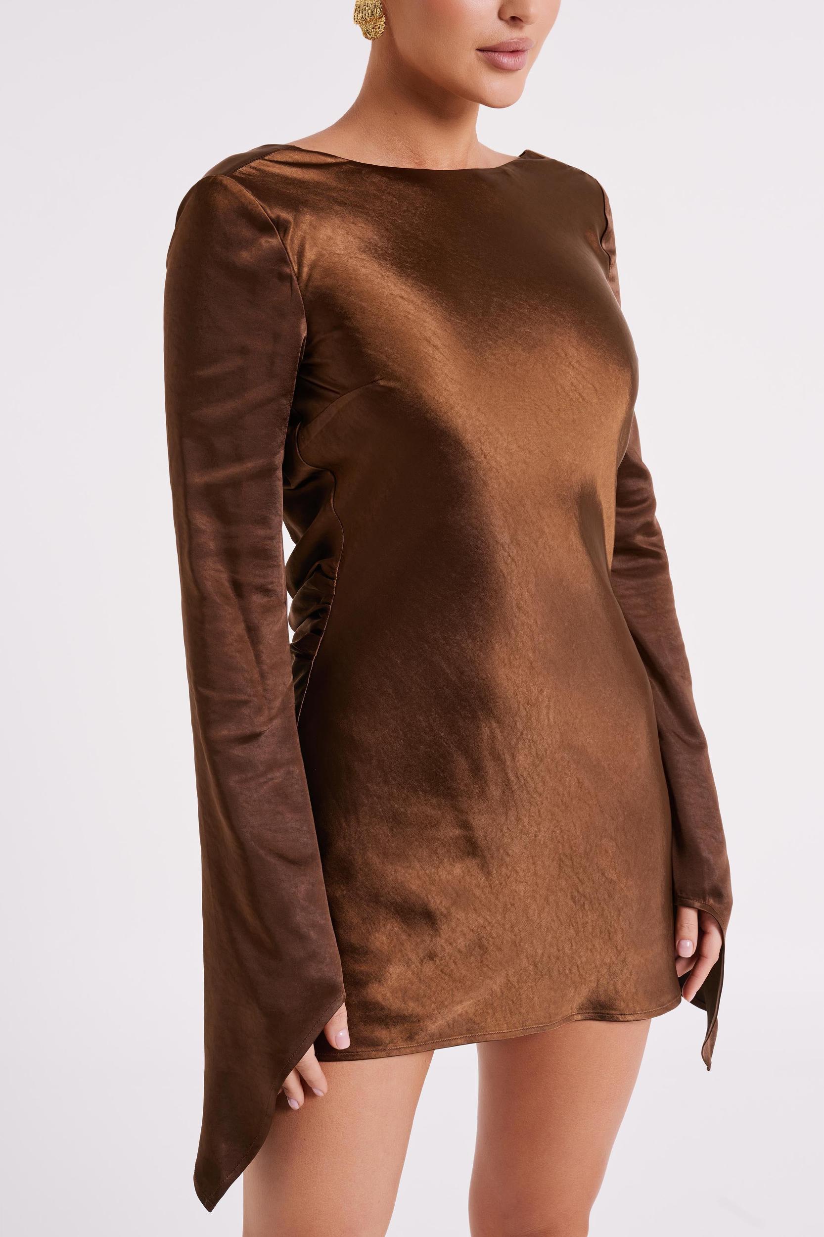 Davina Satin Long Sleeve Mini Dress - Dark Brown Product Image