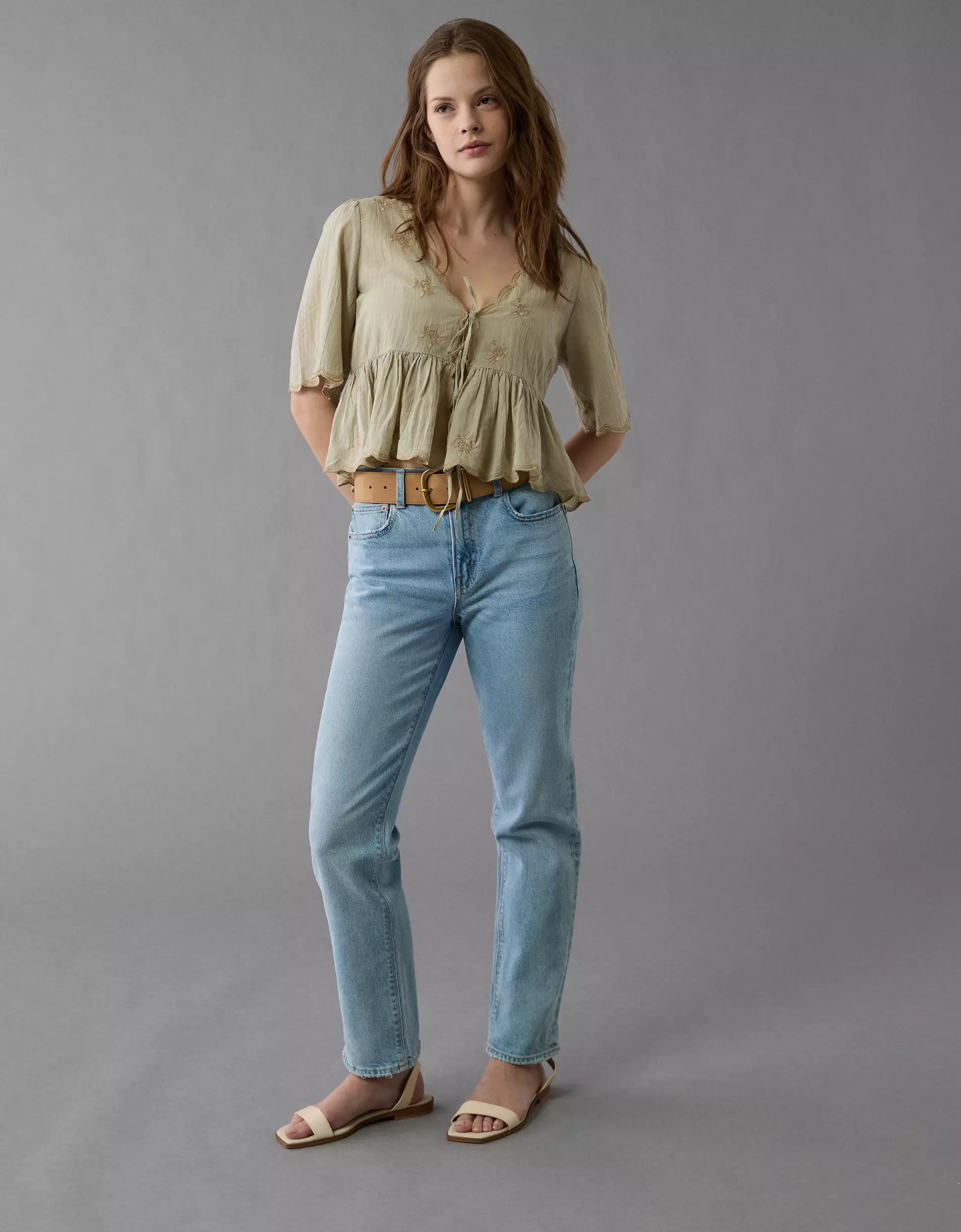 AE Embroidered Tie Front V-Neck Blouse Product Image