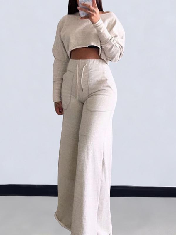 Loose Solid Color Long Sleeves T-Shirt + Drawstring Wide Leg Pants Trousers Two Pieces Set Product Image