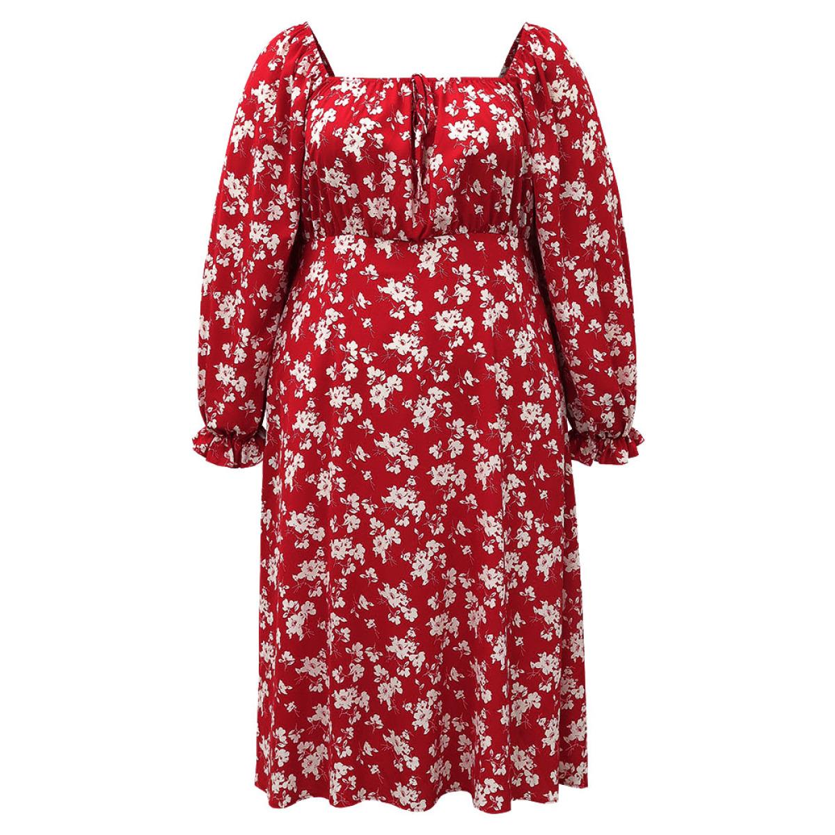 Plus Size Silhouette Floral Print Ties Lantern Sleeve Dress Crimson Women Elegant Gathered Square Neck Long Sleeve Curvy Midi Dress BloomChic 12/L Product Image