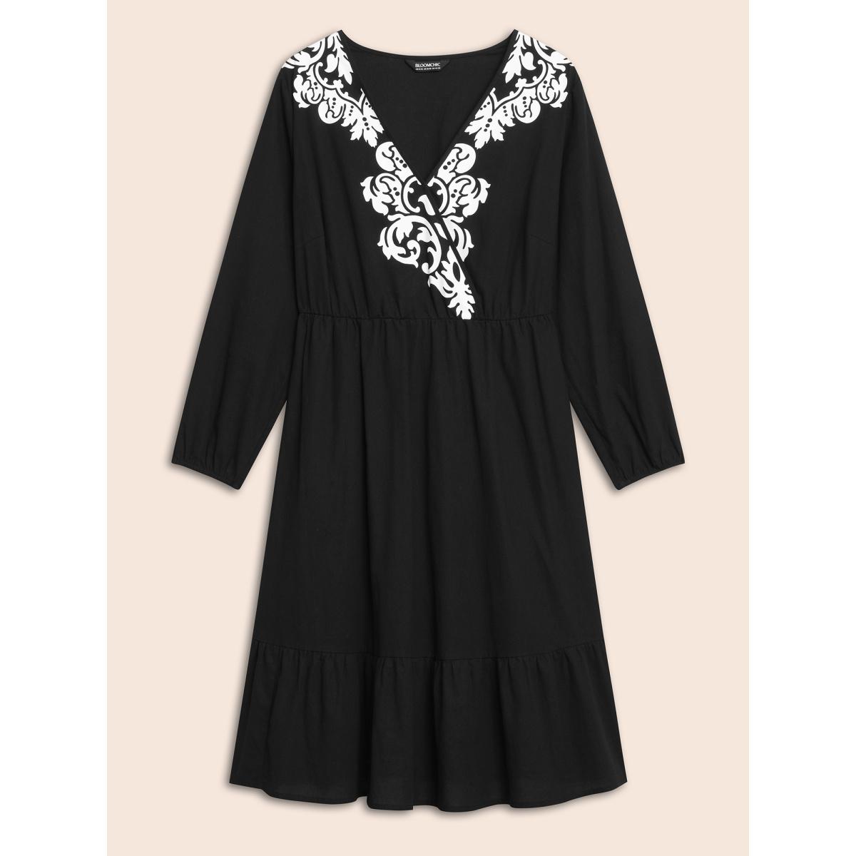 Plus Size Boho Print Overlap Collar Midi Dress Black Women Resort Non Overlap Collar Long Sleeve Curvy BloomChic 18-20/2X Product Image