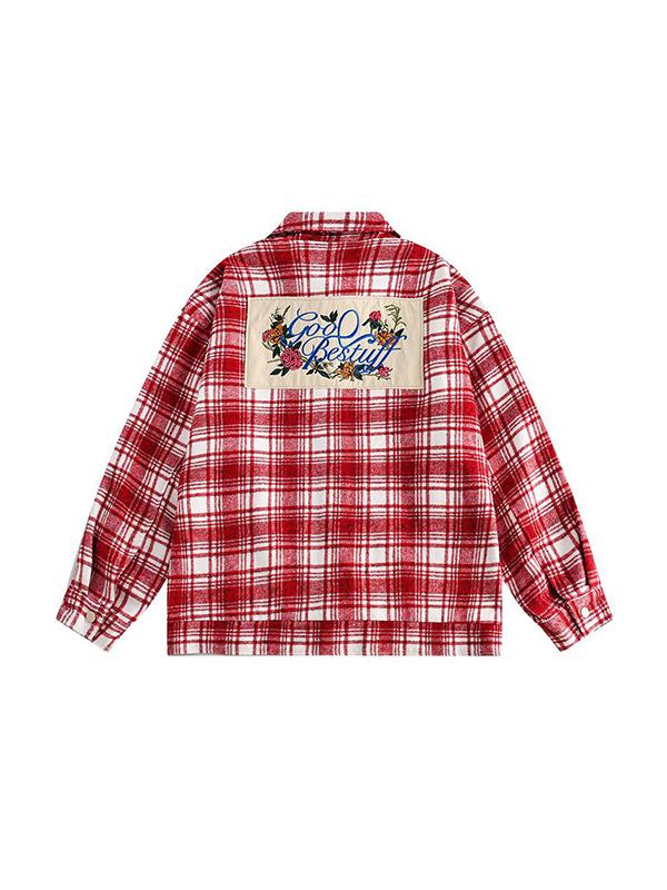Men's Vintage Plaid Print Embroidery Long Sleeve Blouse Product Image