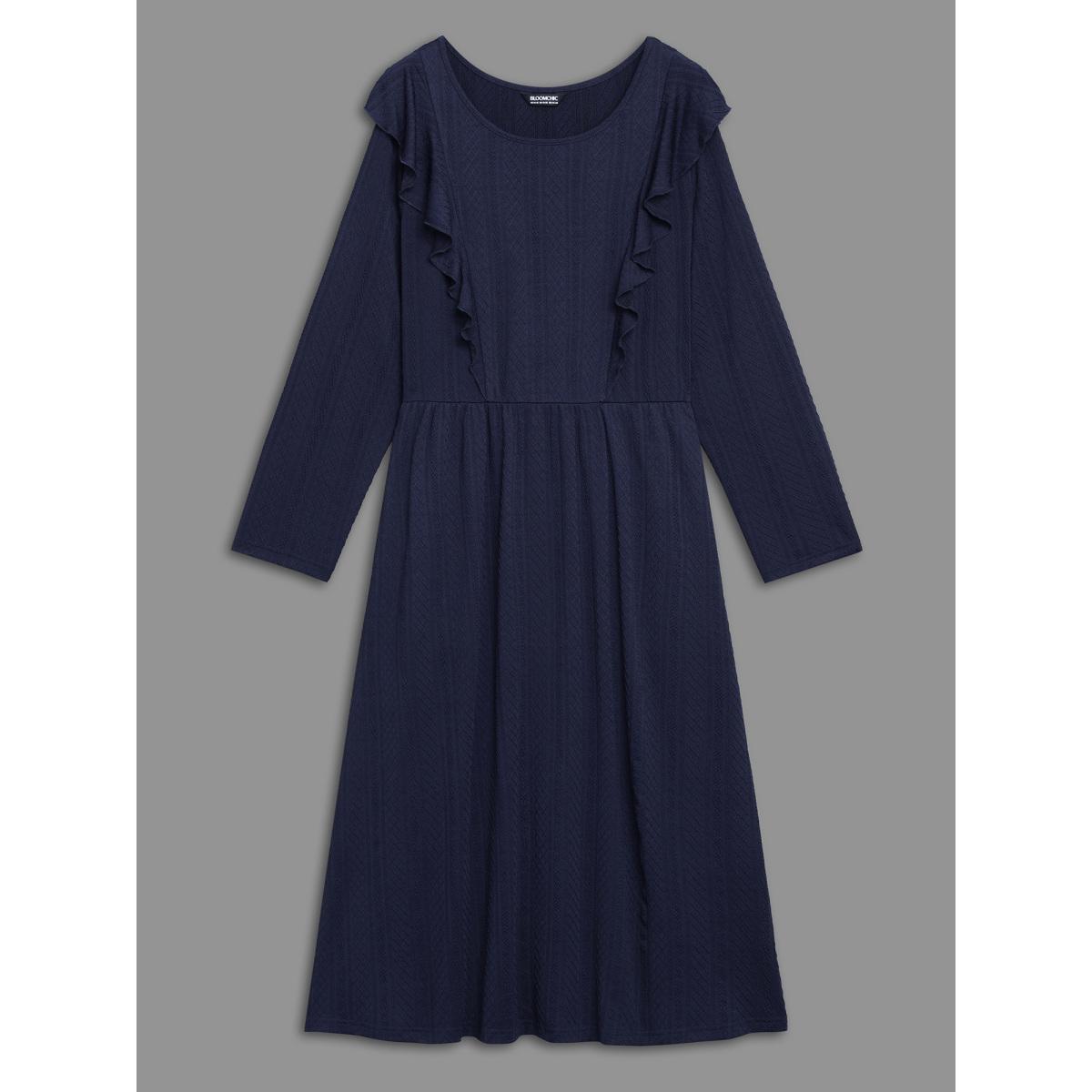 Plus Size Plain Crew Neck Ruffle Trim Plisse Dress Midnight Women Casual Texture Knit Dresses Bloomchic 18-20/2X Product Image