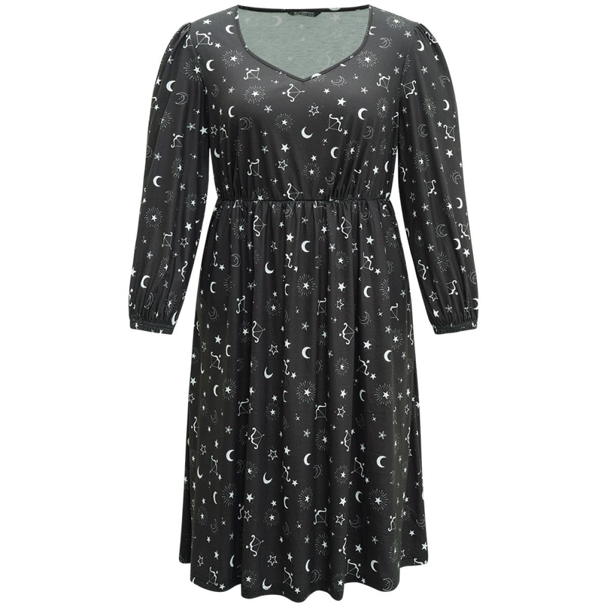 Plus Size Halloween Moon & Star Print Elastic Waist Lantern Sleeve Dress Black Women Casual Elastic cuffs Square Neck Long Sleeve Curvy Midi Dress BloomChic 28/5X Product Image