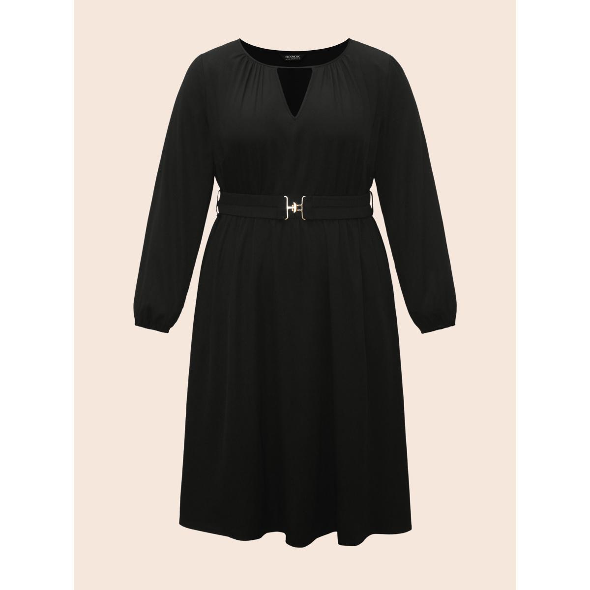 Plus Size Keyhole Metal Detail Belted Midi Dress Black Women Elegant Gathered Round Neck Long Sleeve Curvy BloomChic 14-16/1X Product Image