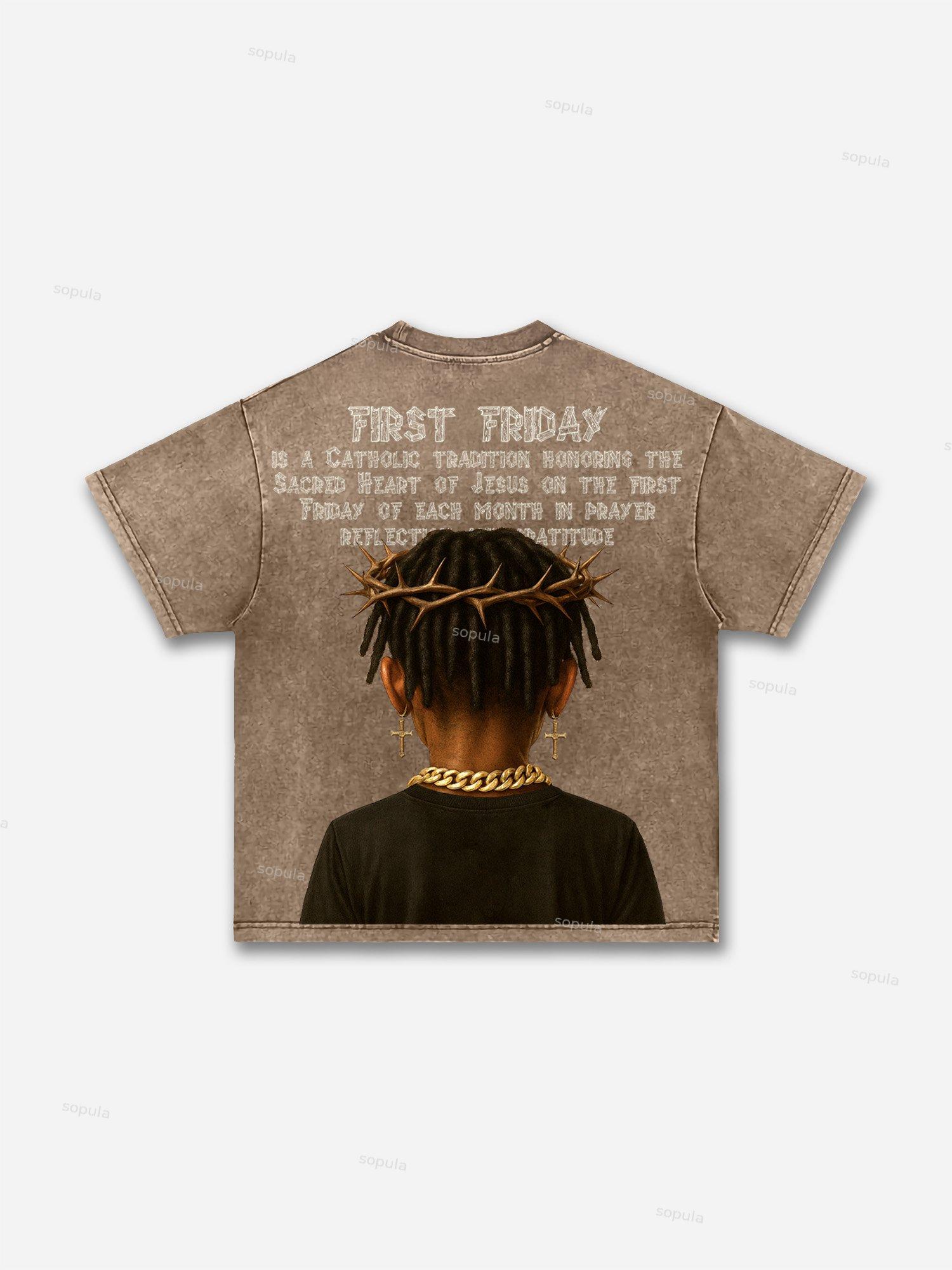 First Friday Devotion Retro Graphic Acid Wash T-shirt Product Image