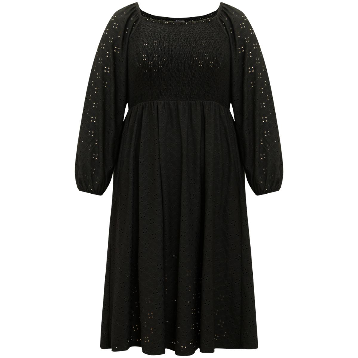 Plus Size Plain Square Neck Laser Cut Lantern Sleeve Dress Black Women Elegant Elastic cuffs Square Neck Long Sleeve Curvy Midi Dress BloomChic 12/L Product Image
