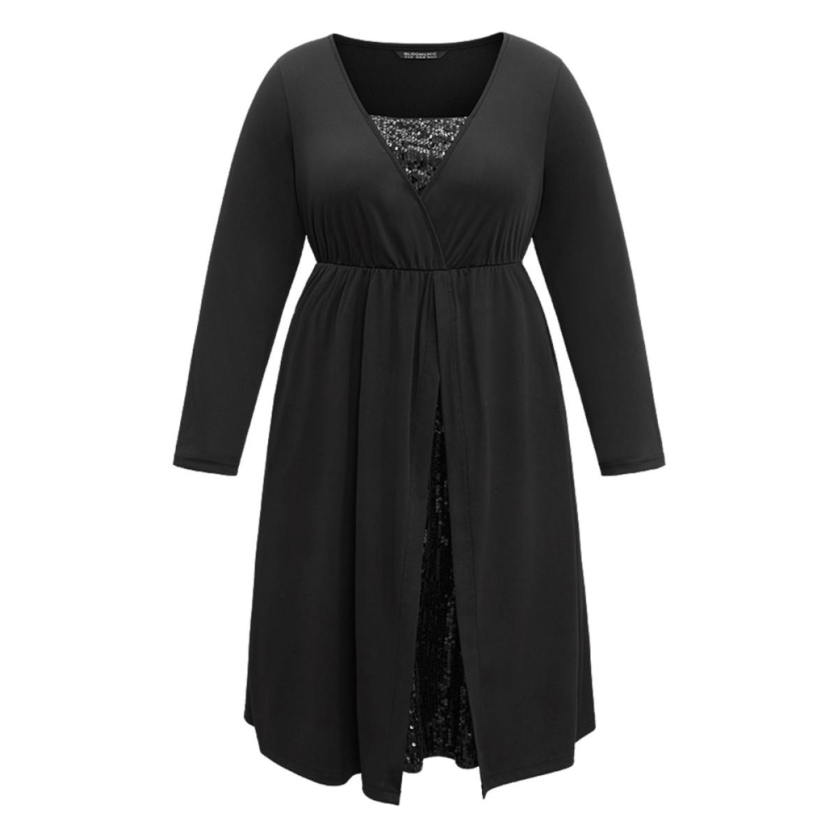 Plus Size Plain Sequin Patchwork Elastic Waist Dress Black Women Glamour Sequin Square Neck Long Sleeve Curvy Midi Dress BloomChic 26/4X Product Image