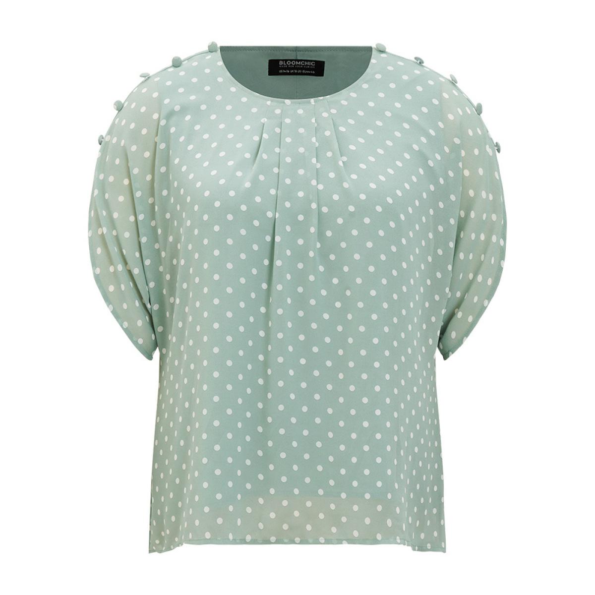 Plus Size Mint Polka Dot Pleated Button Detail Split Sleeve Blouse Women Elegant Half Sleeve Round Neck Dailywear Blouses BloomChic 14-16/1X Product Image