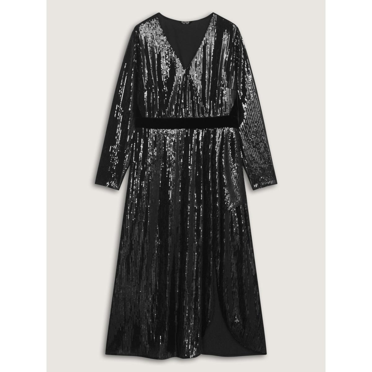 Plus Size Sparkly Sequin Waist-Defining Sheer Maxi Dress Black Women Party&Cocktail Overlap Collar Extra Long Sleeve Curvy BloomChic 26/4X Product Image
