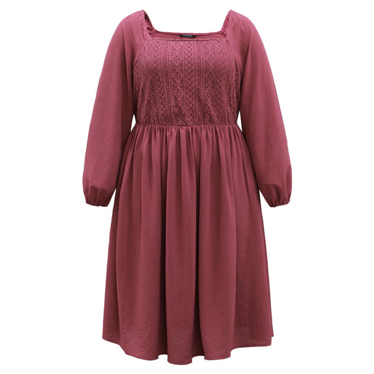 Plus Size Crochet Lace Square Neck Elastic Cuffs Dress DustyPink Women Elegant Elastic cuffs Square Neck Long Sleeve Curvy Midi Dress BloomChic 14-16/1X Product Image