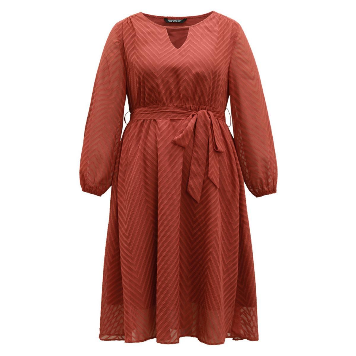 Plus Size Plain Mesh Texture Keyhole Belted Lantern Sleeve Dress Rust Women Office Elastic cuffs Keyhole Cut-Out Long Sleeve Curvy Midi Dress BloomChic 12/L Product Image