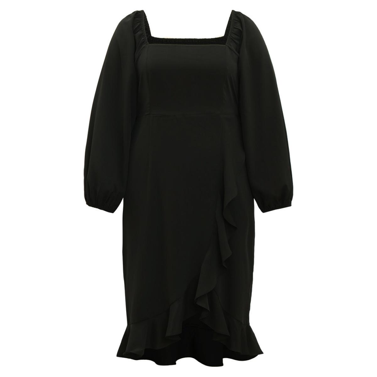 Plus Size Anti-Wrinkle Square Neck Ruffle Trim Wrap Hem Dress Black Women Glamour Elastic cuffs Square Neck Long Sleeve Curvy Midi Dress BloomChic 30/6X Product Image