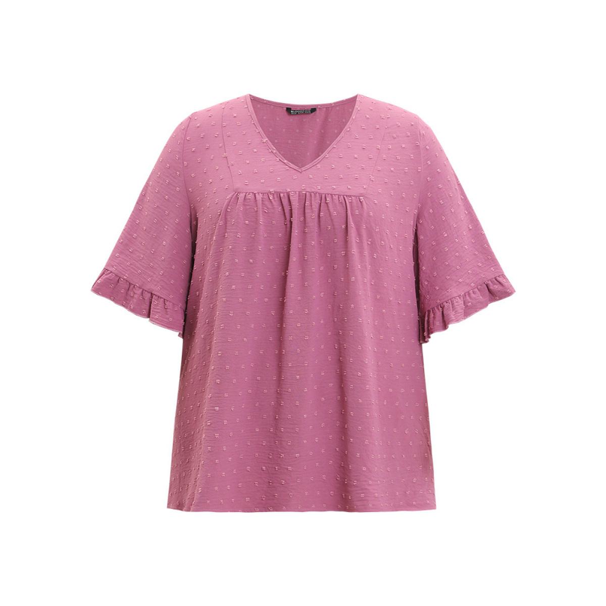 Plus Size Purple Polka Dot Flutter Trim Gathered Blouse Women Elegant Short sleeve V-neck Dailywear Blouses BloomChic 28/5X Product Image