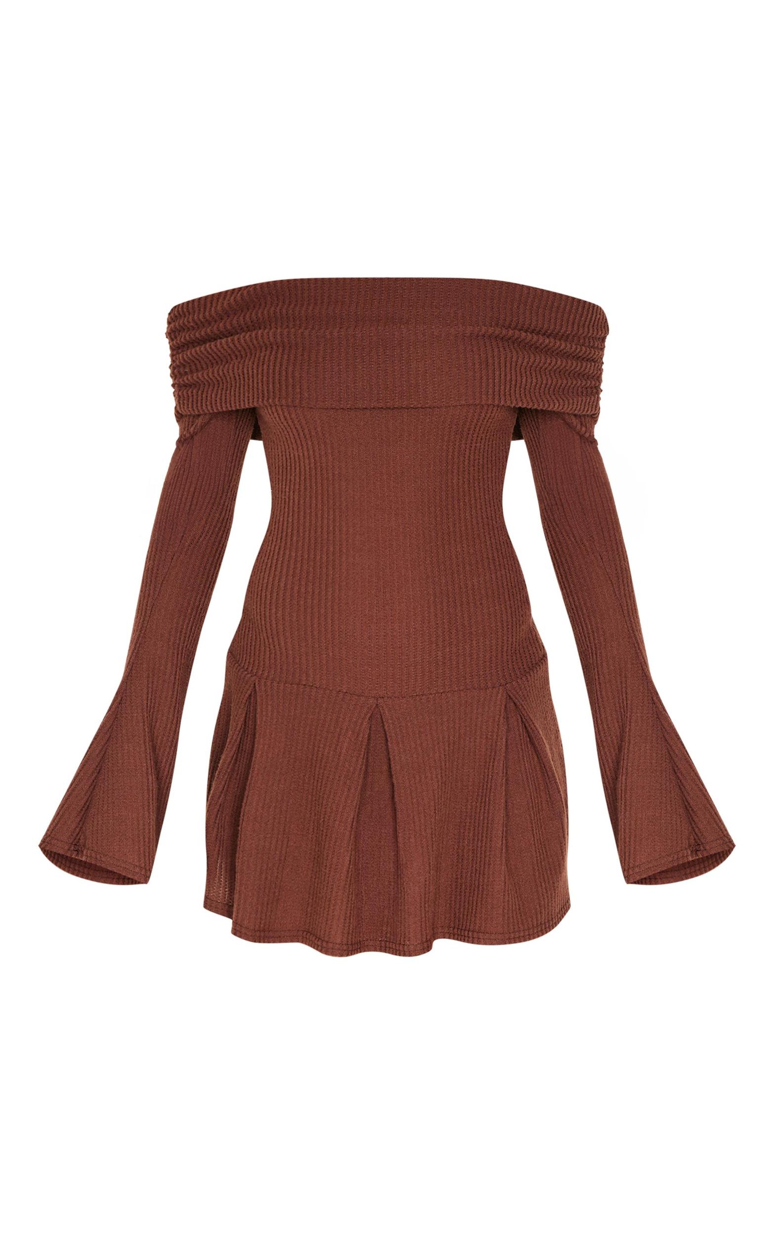 Chocolate Waffle Textured Bardot Pleated Shift Dress Product Image