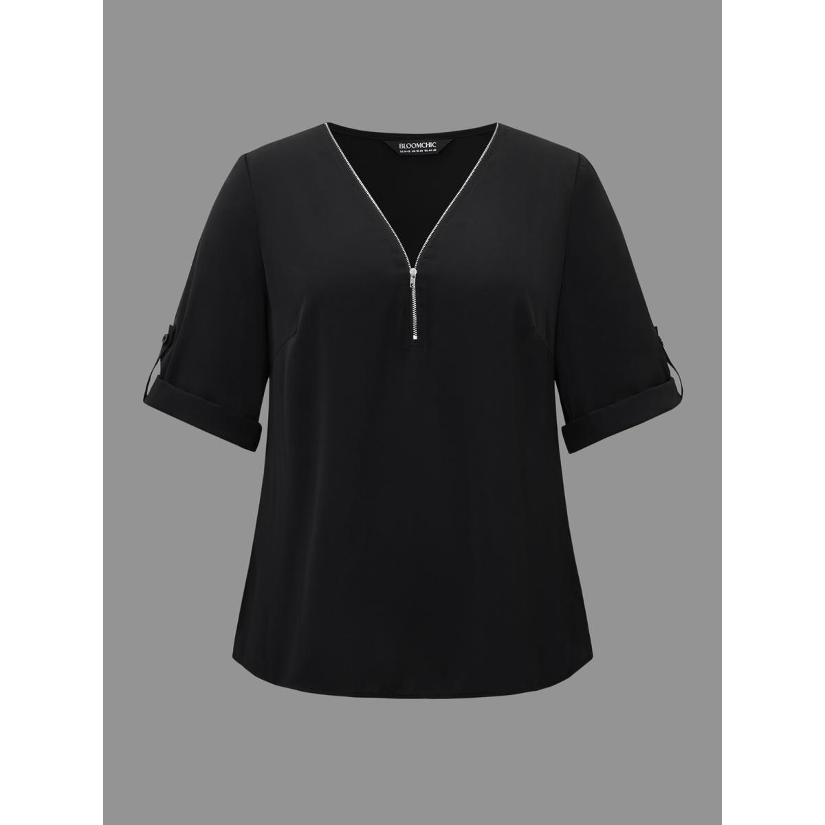 Plus Size Black Plain V Neck Half Zip Tab Sleeve Blouse Women Leisure Elbow-length sleeve V-neck Casual Blouses BloomChic 30/6X Product Image