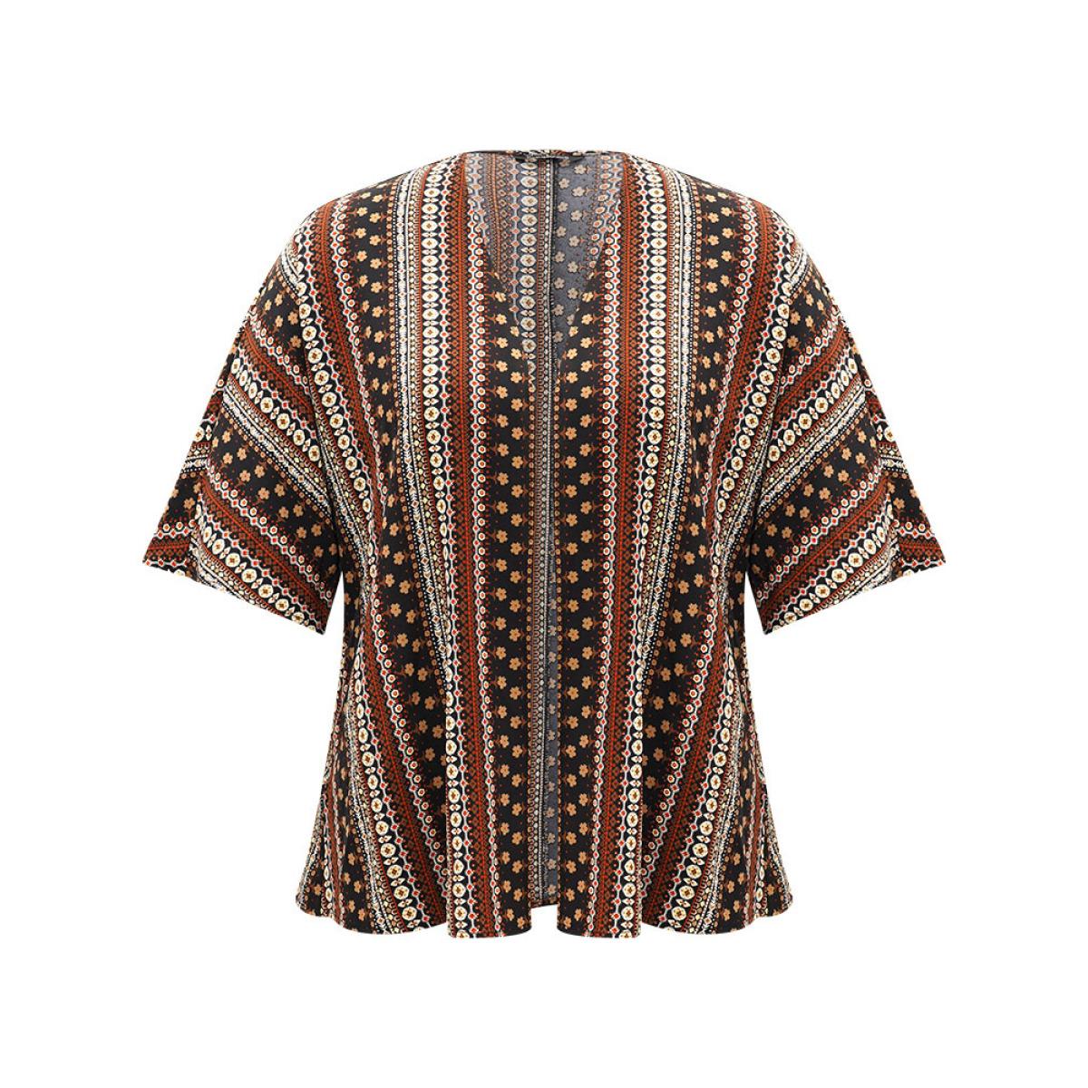 Plus Size Boho Print Open Front Half Sleeve Kimono Women DarkBrown Casual Printed Loose Dailywear Kimonos BloomChic 18-20/2X Product Image