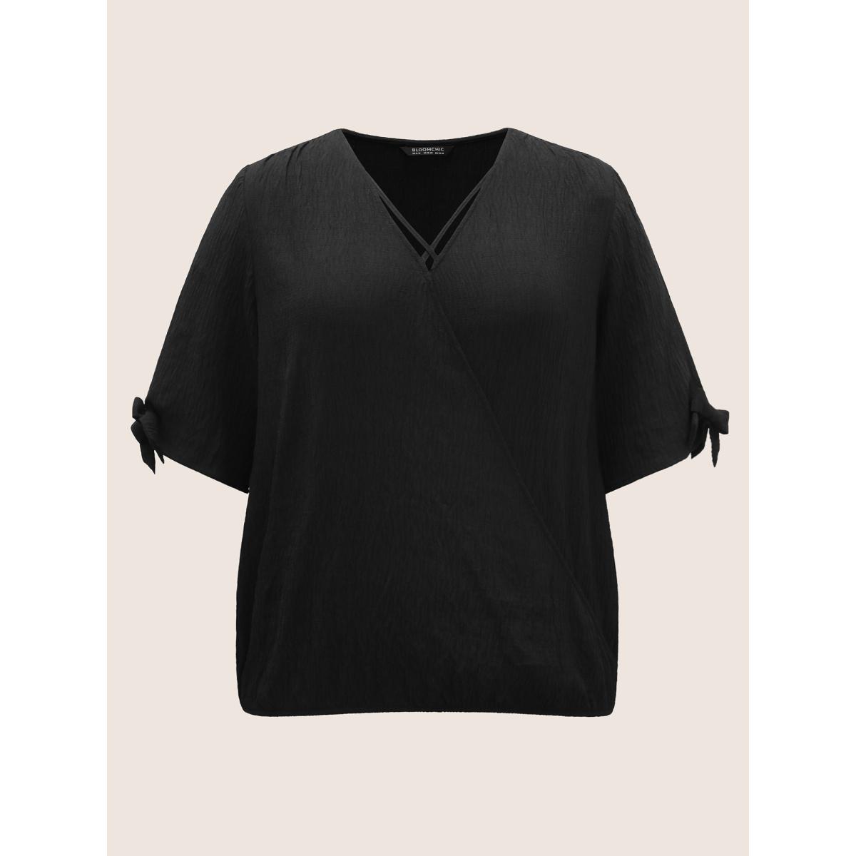 Plus Size Black Stretchy Woven Bowknot Cut Out Gathered Crisscross Blouse Women At the Office Half Sleeve V-neck Office Blouses BloomChic 14-16/1X Product Image