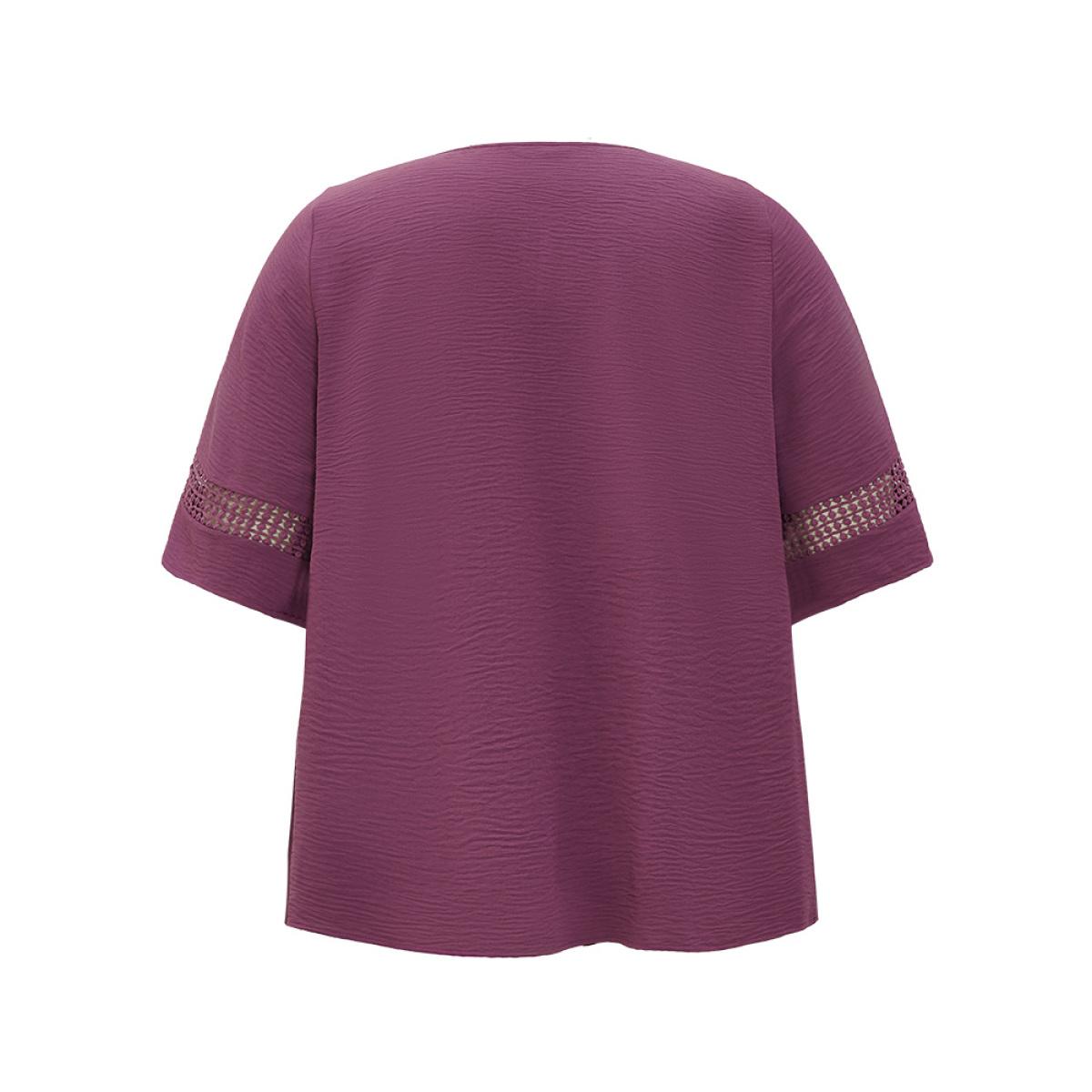 Plus Size Mauve Solid Gathered Lace Patchwork Blouse Women Elegant Elbow-length sleeve Round Neck Dailywear Blouses BloomChic 28/5X Product Image