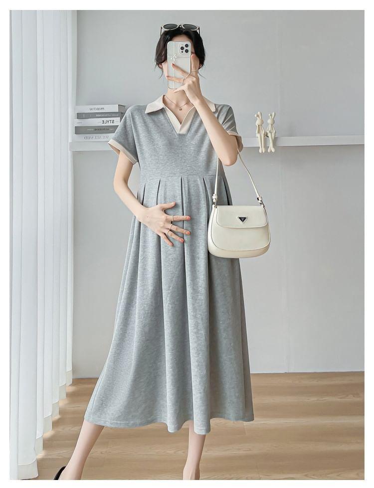 Maternity Short-Sleeve Collar Contrast Trim Midi A-Line Dress Product Image