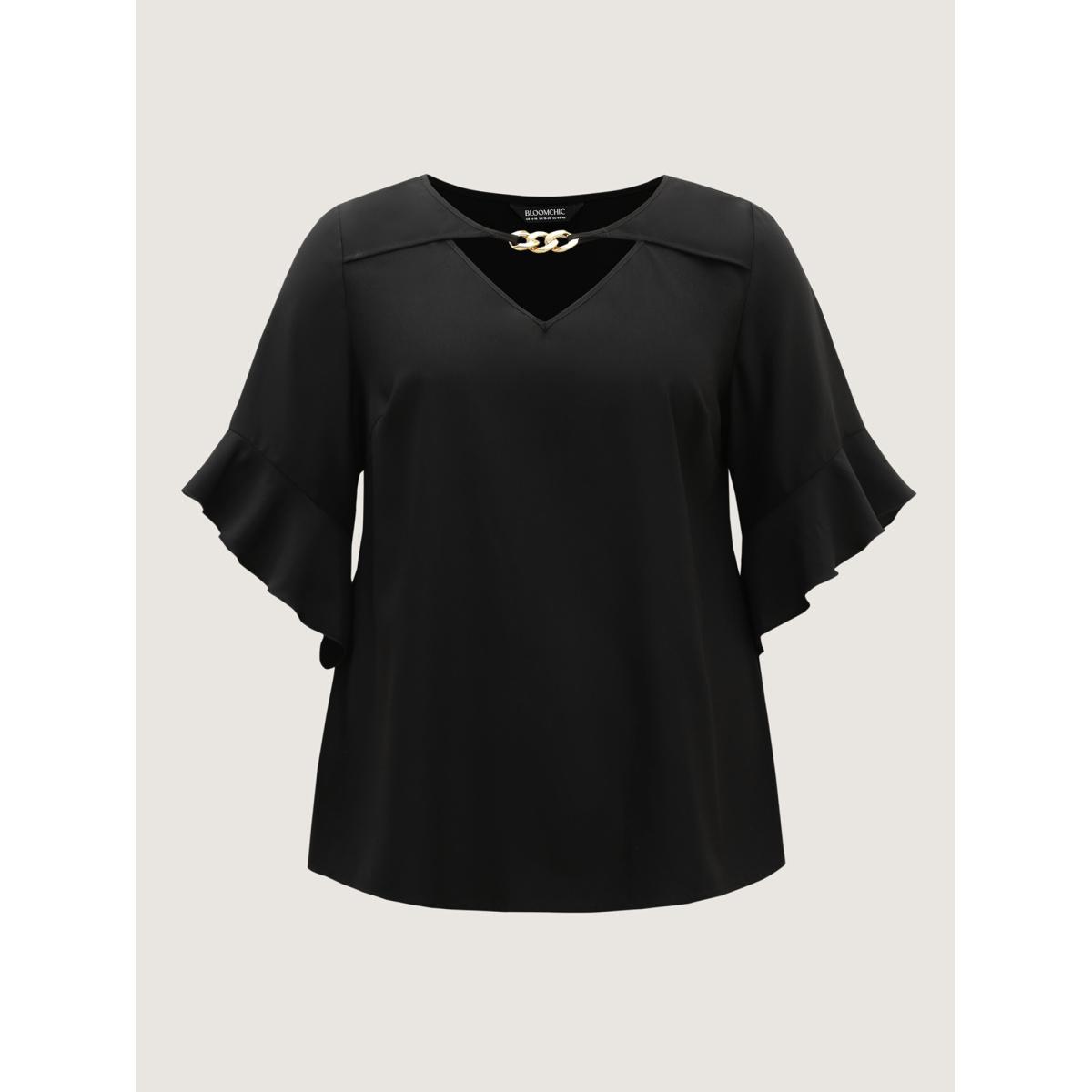 Plus Size Black Metallic Neck Detail Ruffled Solid Blouse Women Elbow-length sleeve Asymmetrical Neck Work Blouses BloomChic 18-20/2X Product Image