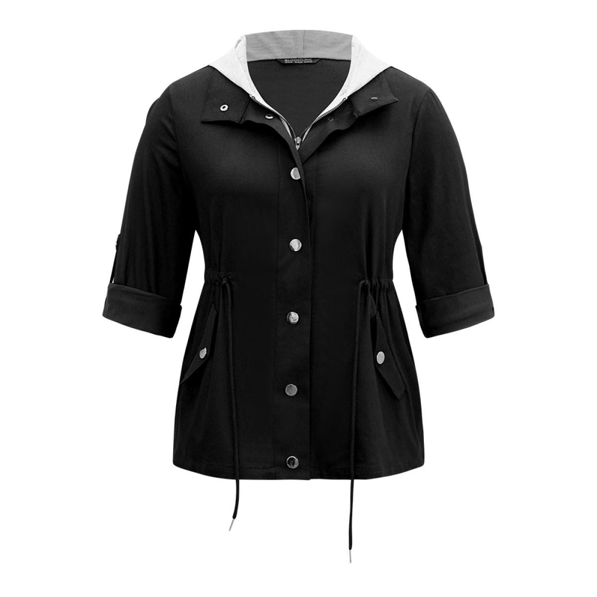 Plus Size Contrast Hooded Drawstring Zipper Button Up Jacket Women Black Contrast Pocket Dailywear Jackets BloomChic 28/5X Product Image