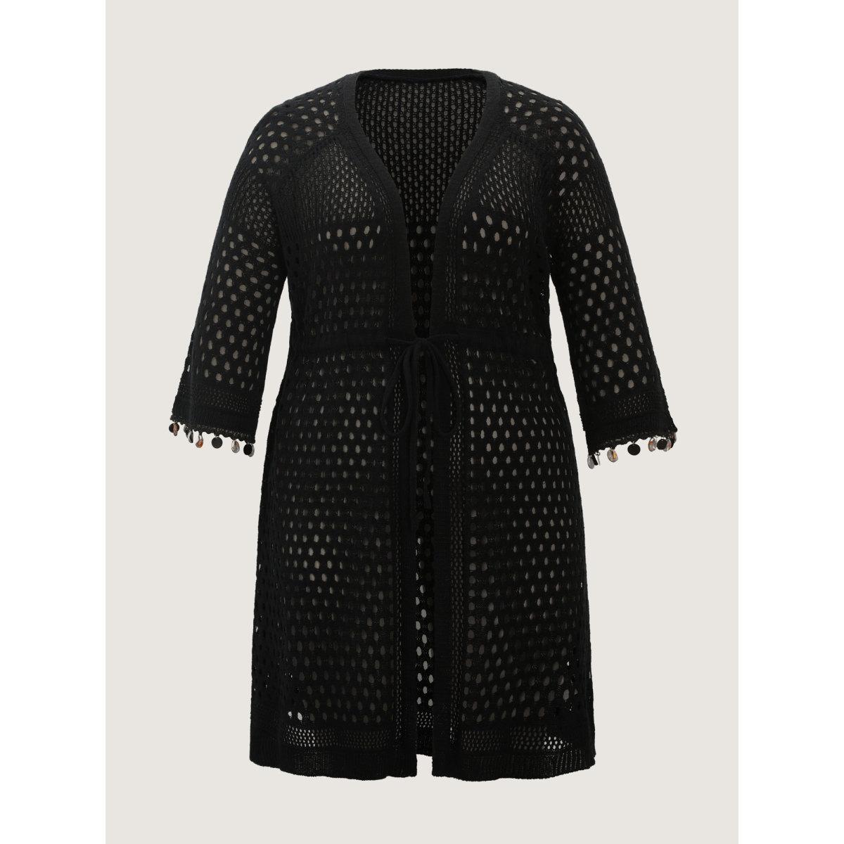 Plus Size Cut-Out Textured Drawstring Straps Swim Cover-Up Women's Swimwear Black Resort Loose Cut-Out Curve Swim Cover Ups BloomChic 12/L Product Image