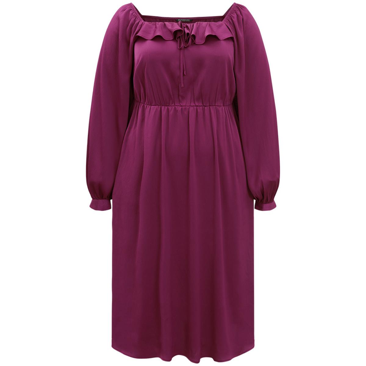 Plus Size Plain Flutter Trim Ties Split Side Dress Purple Women Elegant Gathered Square Neck Long Sleeve Curvy Midi Dress BloomChic 22-24/3X Product Image