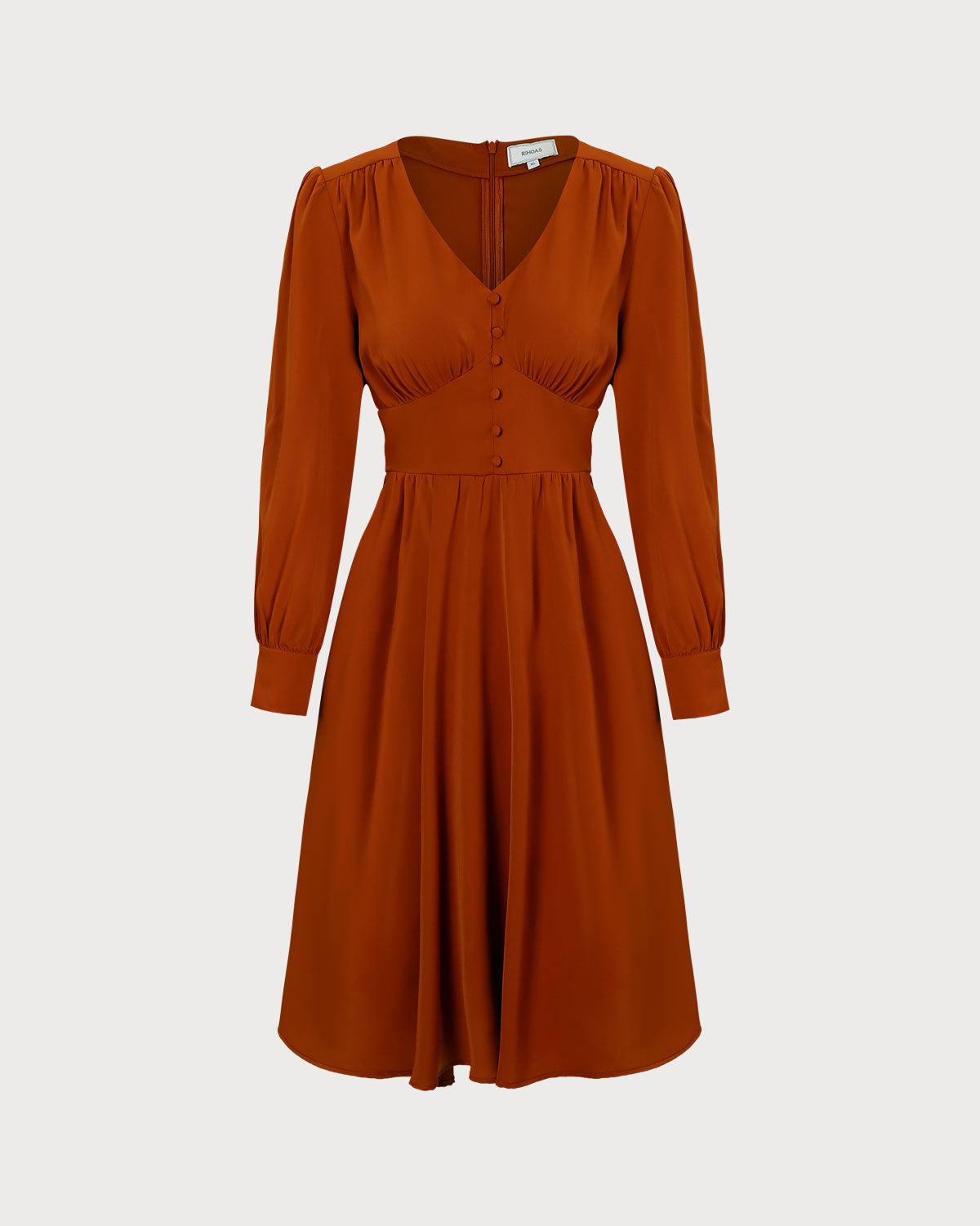 The Orange V Neck Pleated Button Midi Dress Product Image