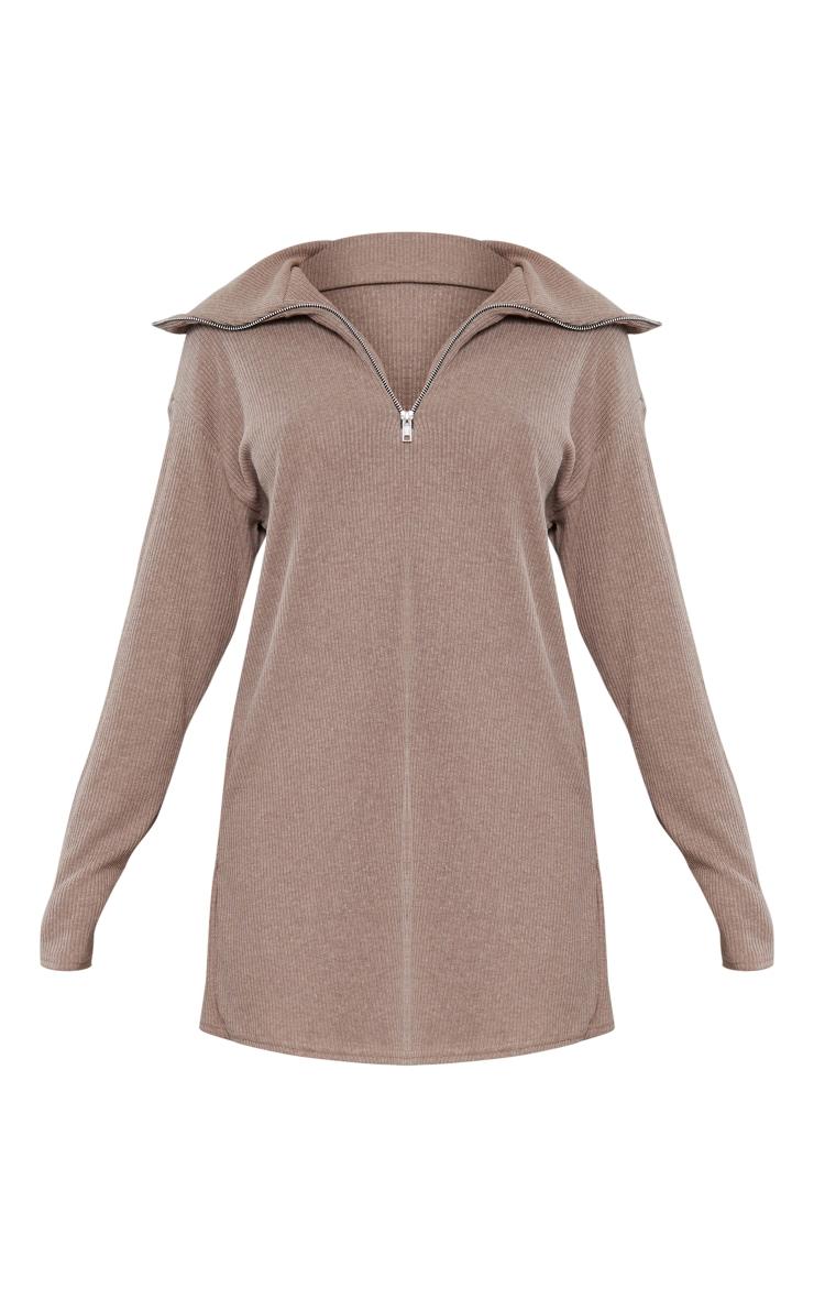 Mocha Rib High Neck Half Zip Oversized Sweater Dress Product Image