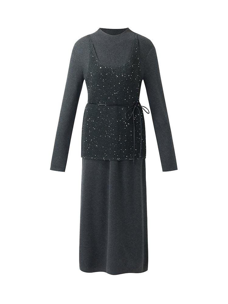 Sequins Vest And Mock Neck Midi Dress Two-Piece Set With Belt Product Image