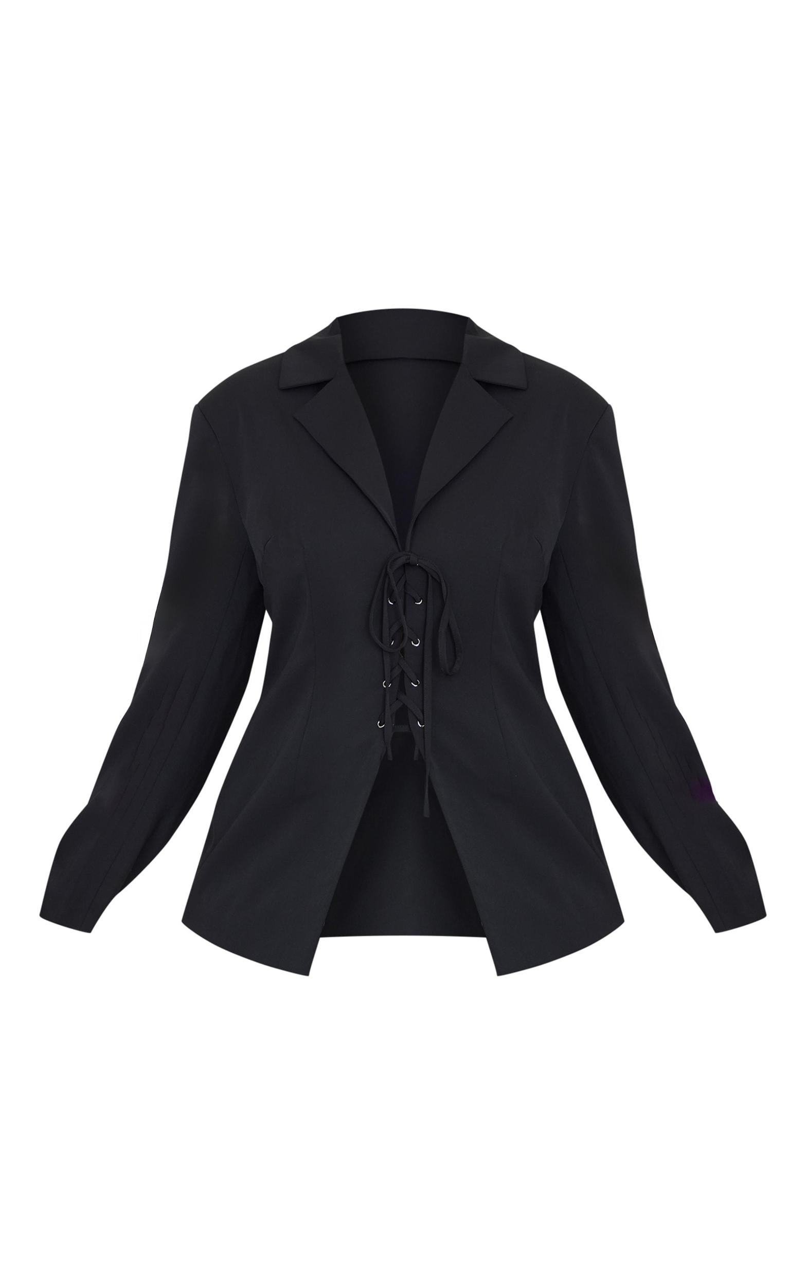 Plus Black Lace Up Tie Front Blazer Product Image