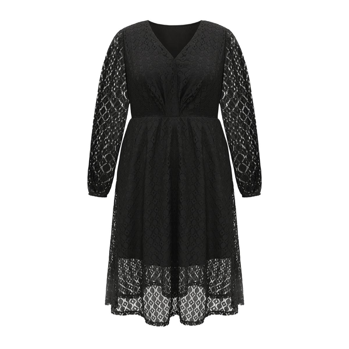 Plus Size Lace Panel Overlap Collar Mesh Dress Black Women Elegant Elastic cuffs Overlap Collar Long Sleeve Curvy Midi Dress BloomChic 28/5X Product Image