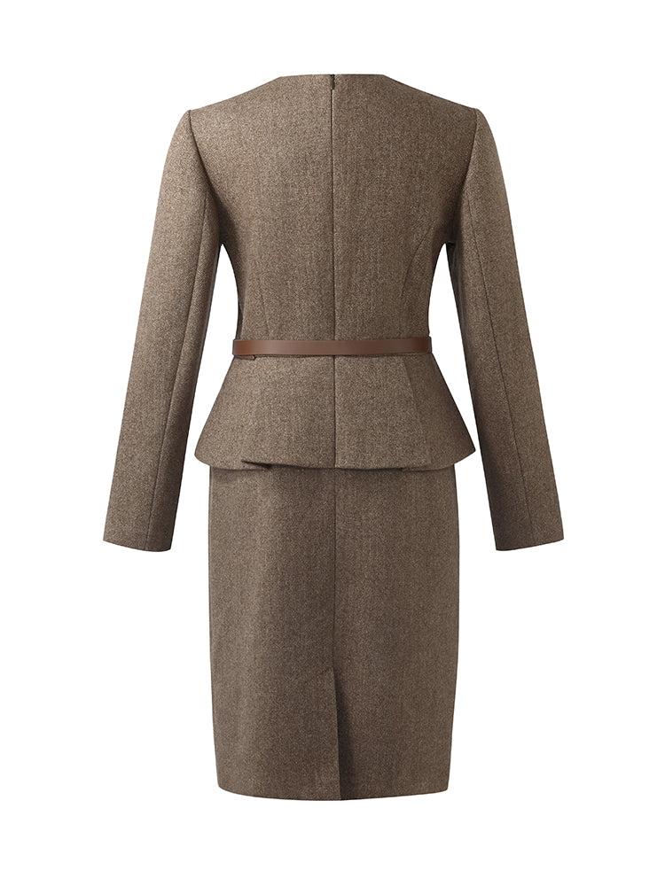 Washable Wool Faux-Layered Women Mini Dress With Belt Product Image